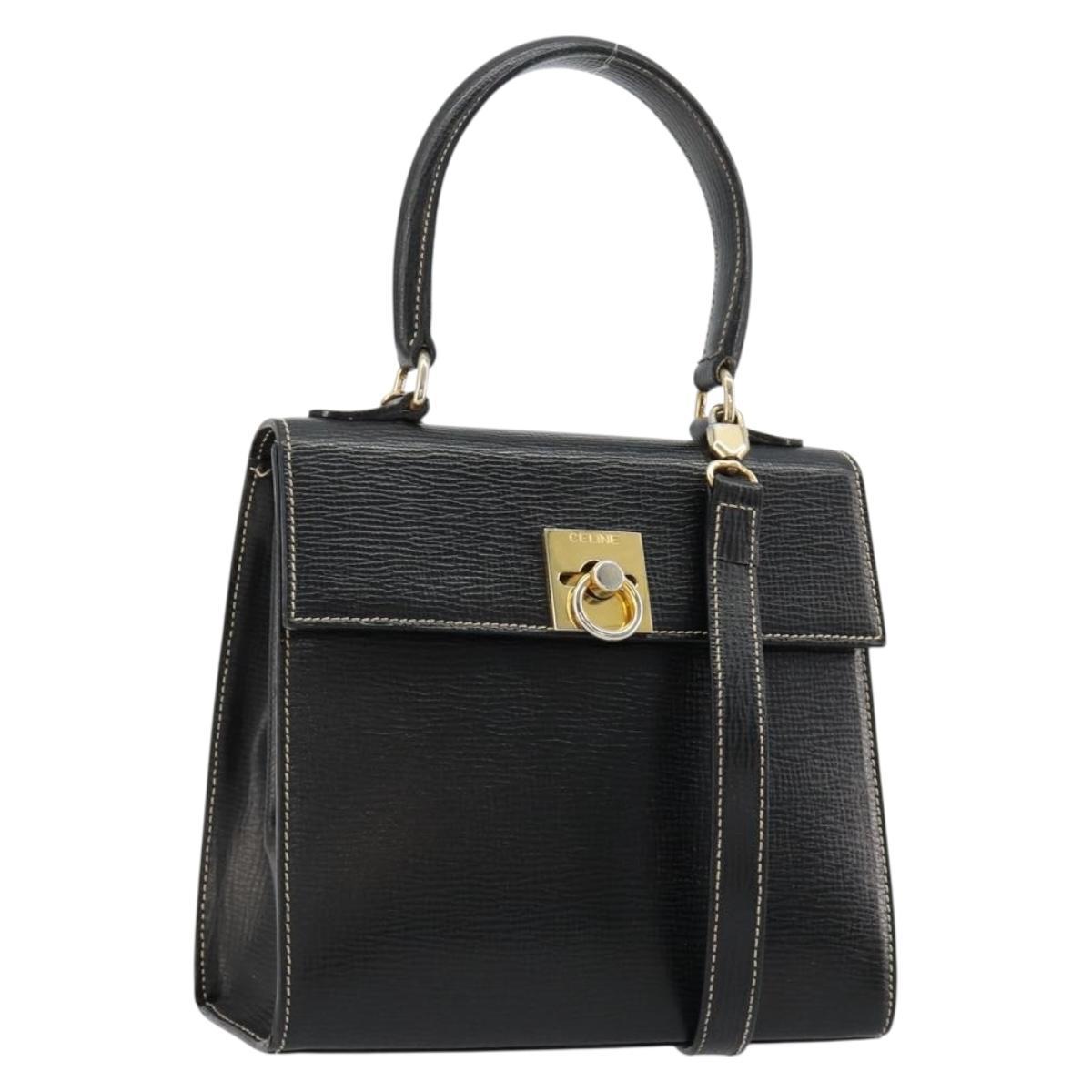 CELINE Hand Bag Leather 2way Black Gold Auth 184631A