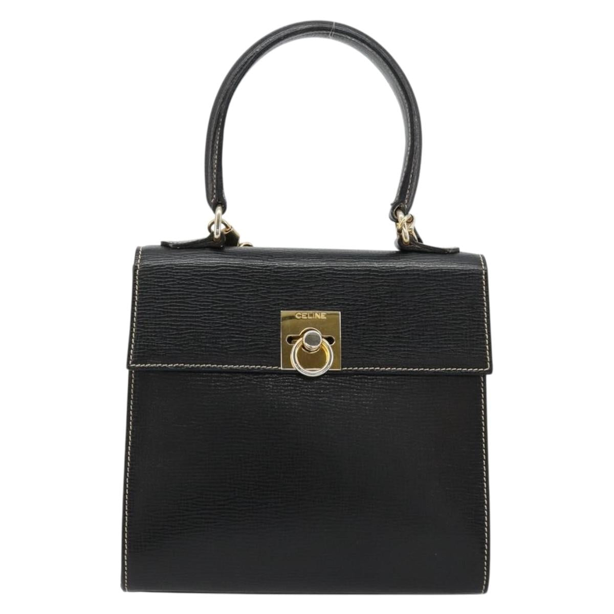 CELINE Hand Bag Leather 2way Black Gold Auth 184631A