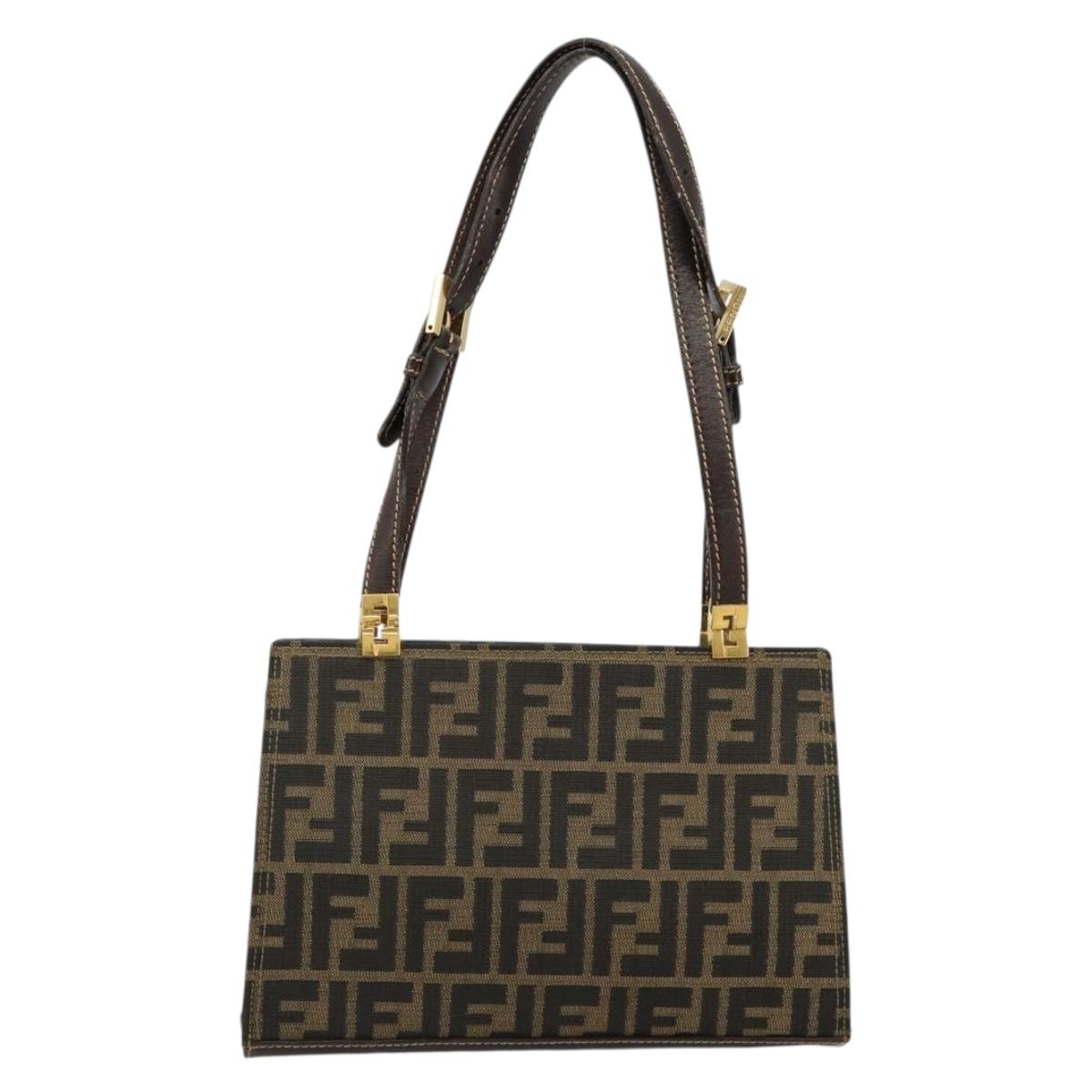 FENDI Zucca Canvas Tote Bag Black Brown gold Auth 184633A