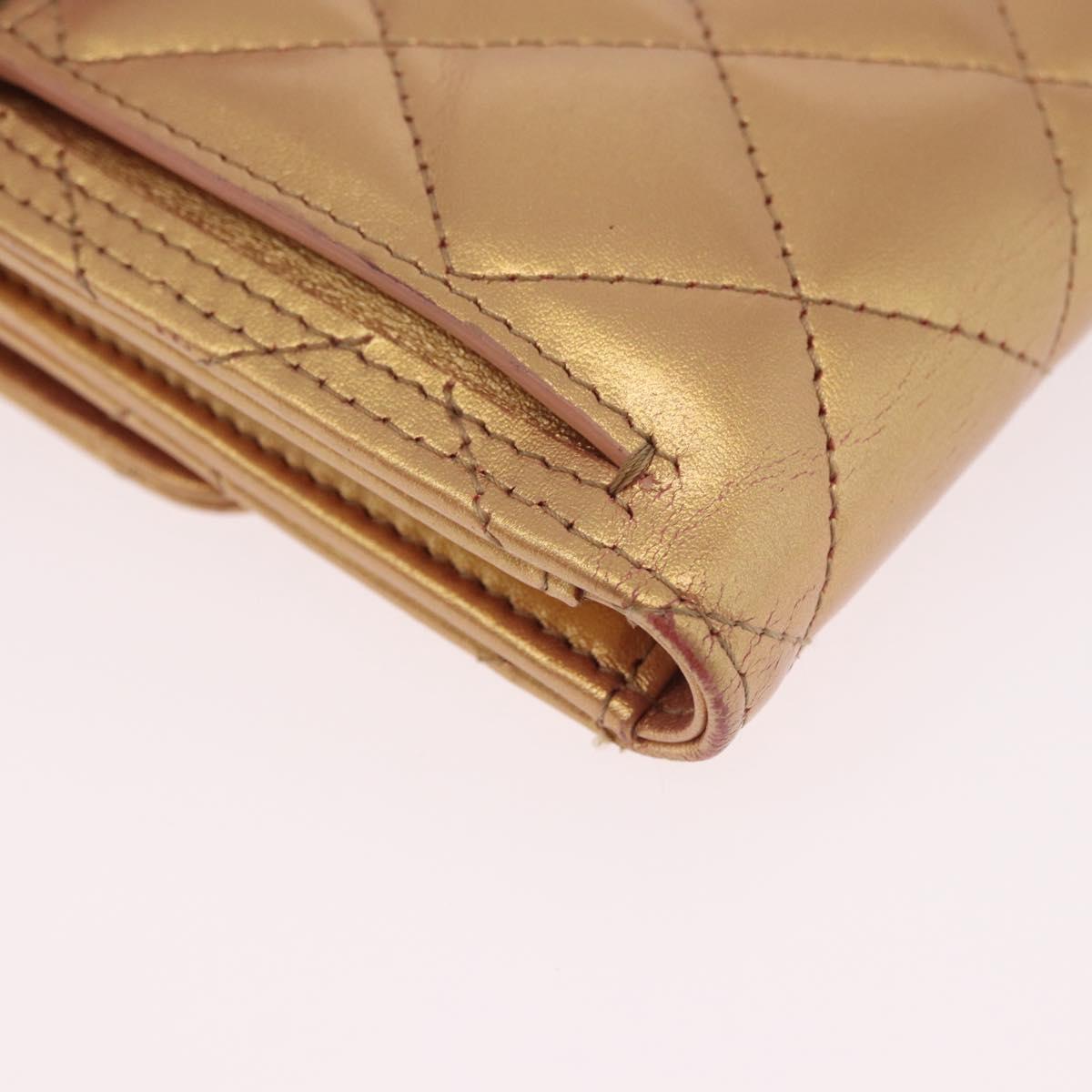 CHANEL Matelasse Compact Wallet Lamb Skin Gold CC Auth 184655M