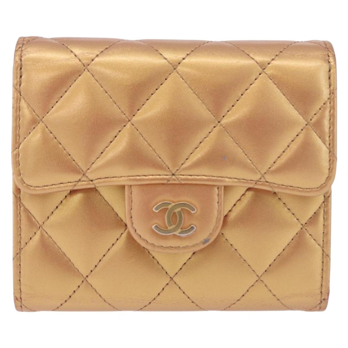 CHANEL Matelasse Compact Wallet Lamb Skin Gold CC Auth 184655M