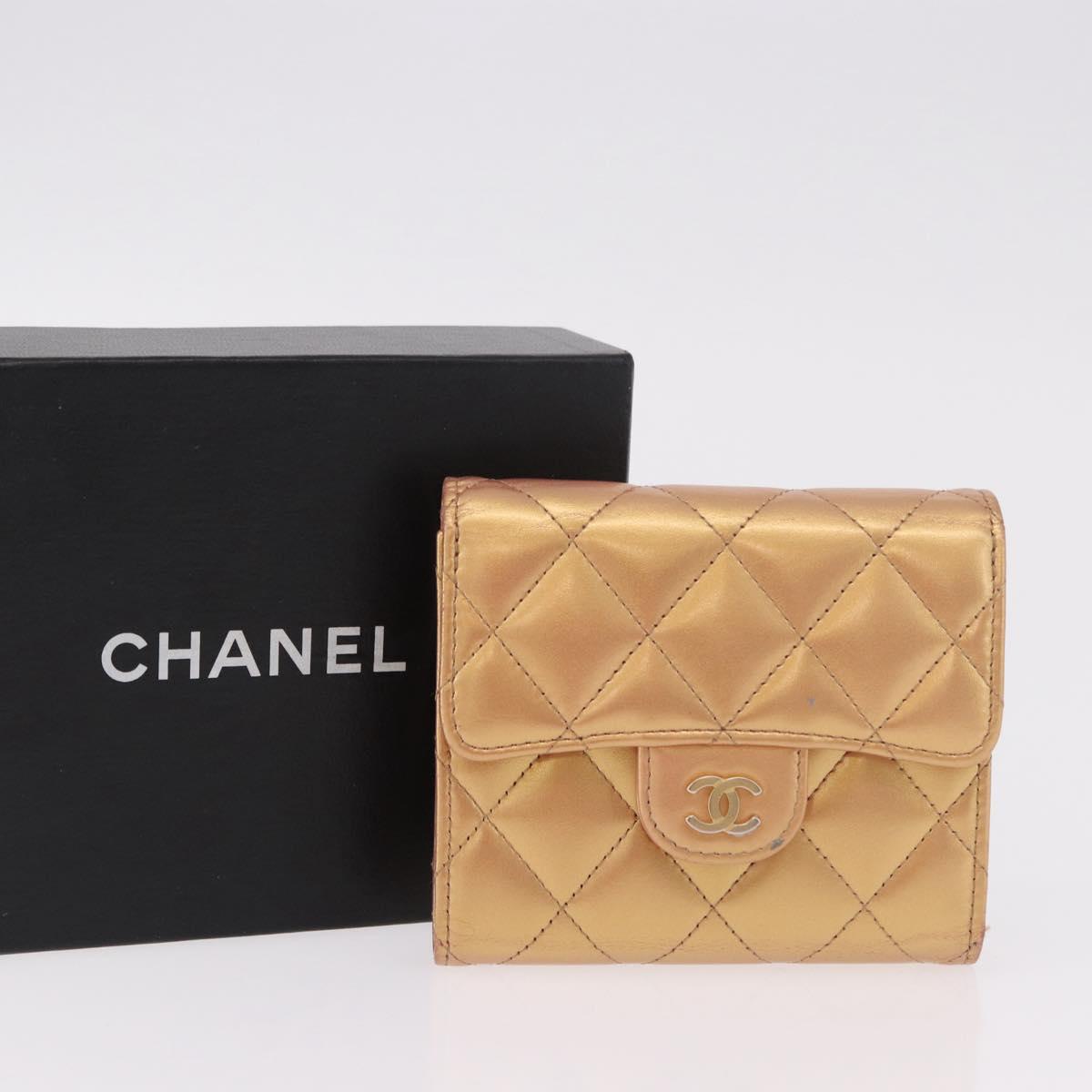 CHANEL Matelasse Compact Wallet Lamb Skin Gold CC Auth 184655M