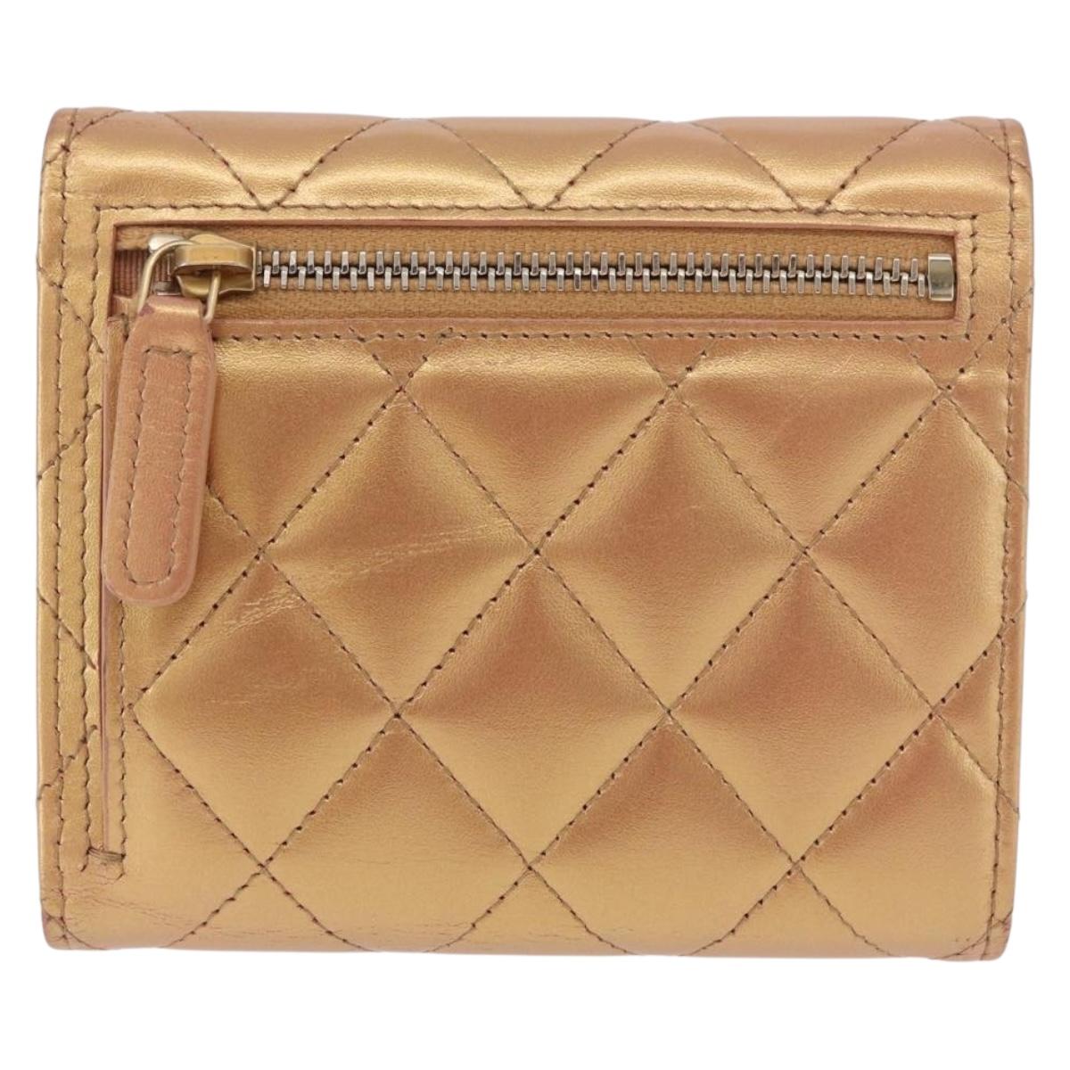 CHANEL Matelasse Compact Wallet Lamb Skin Gold CC Auth 184655M