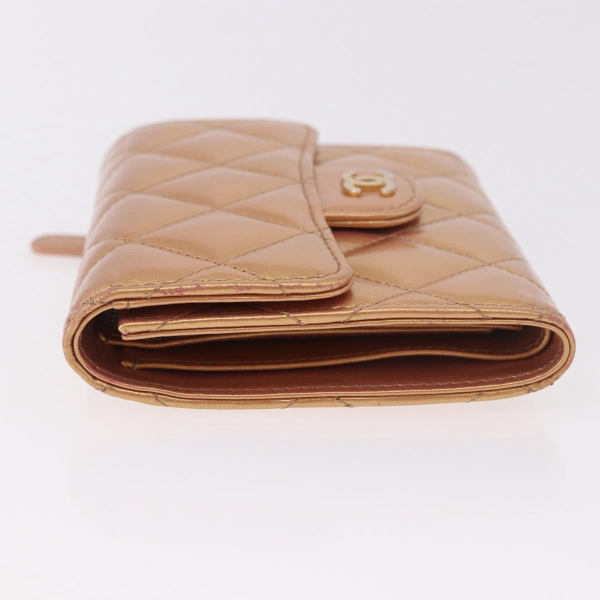CHANEL Matelasse Compact Wallet Lamb Skin Gold CC Auth 184655M