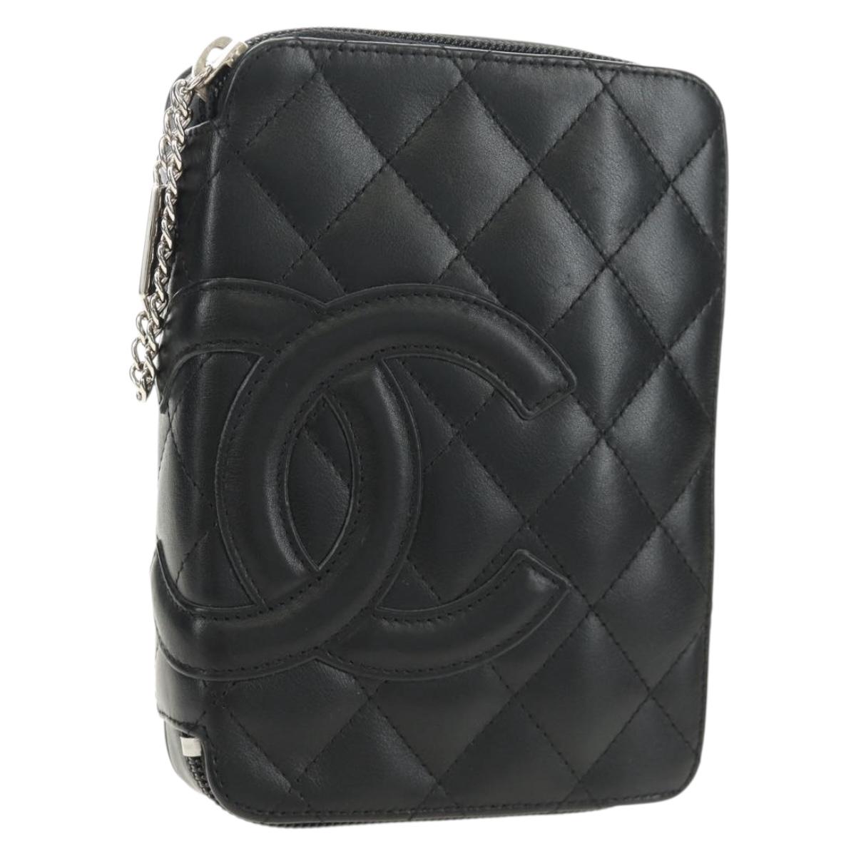 CHANEL Cambon Line Matelasse Pouch Leather Black Silver CC Auth 184661V