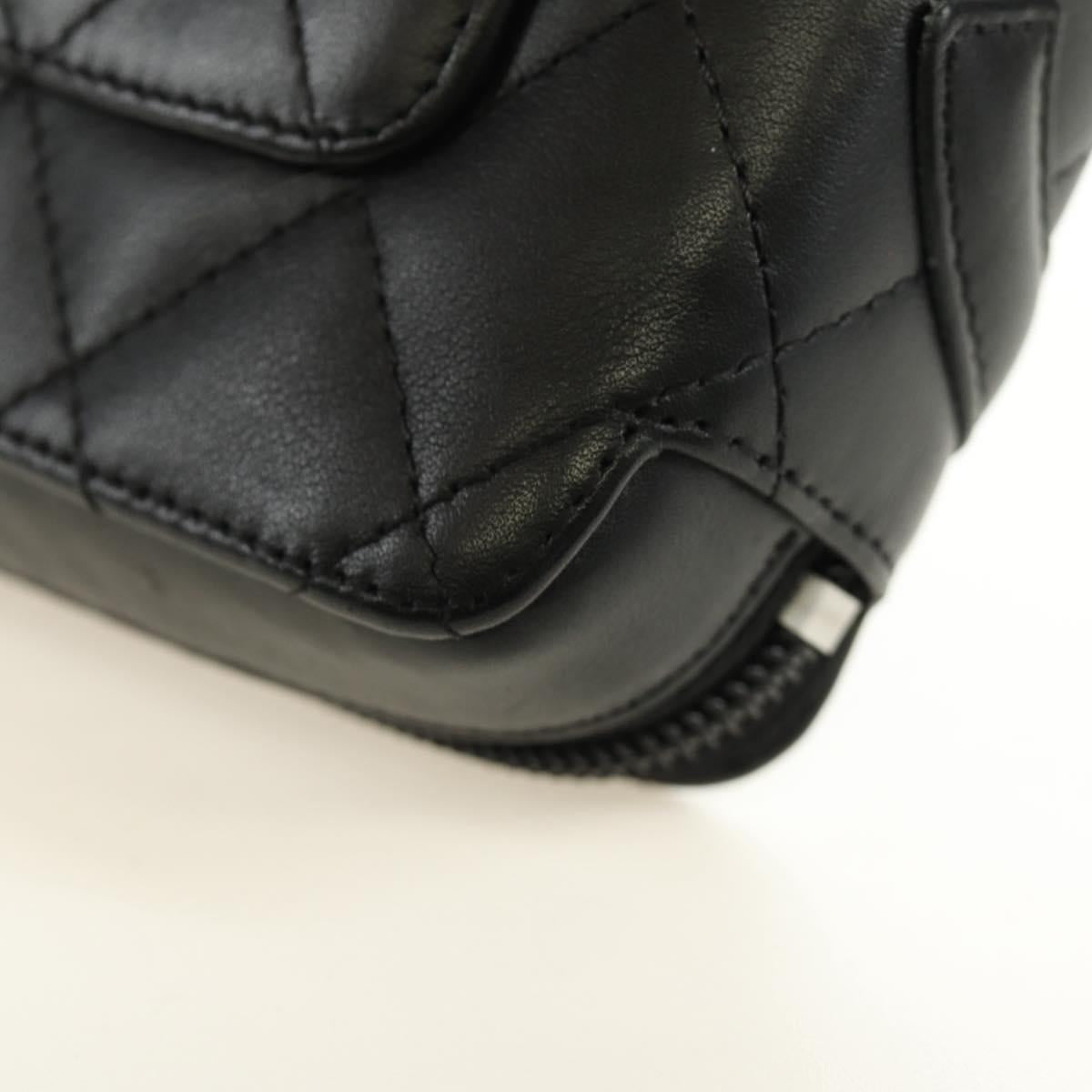 CHANEL Cambon Line Matelasse Pouch Leather Black Silver CC Auth 184661V