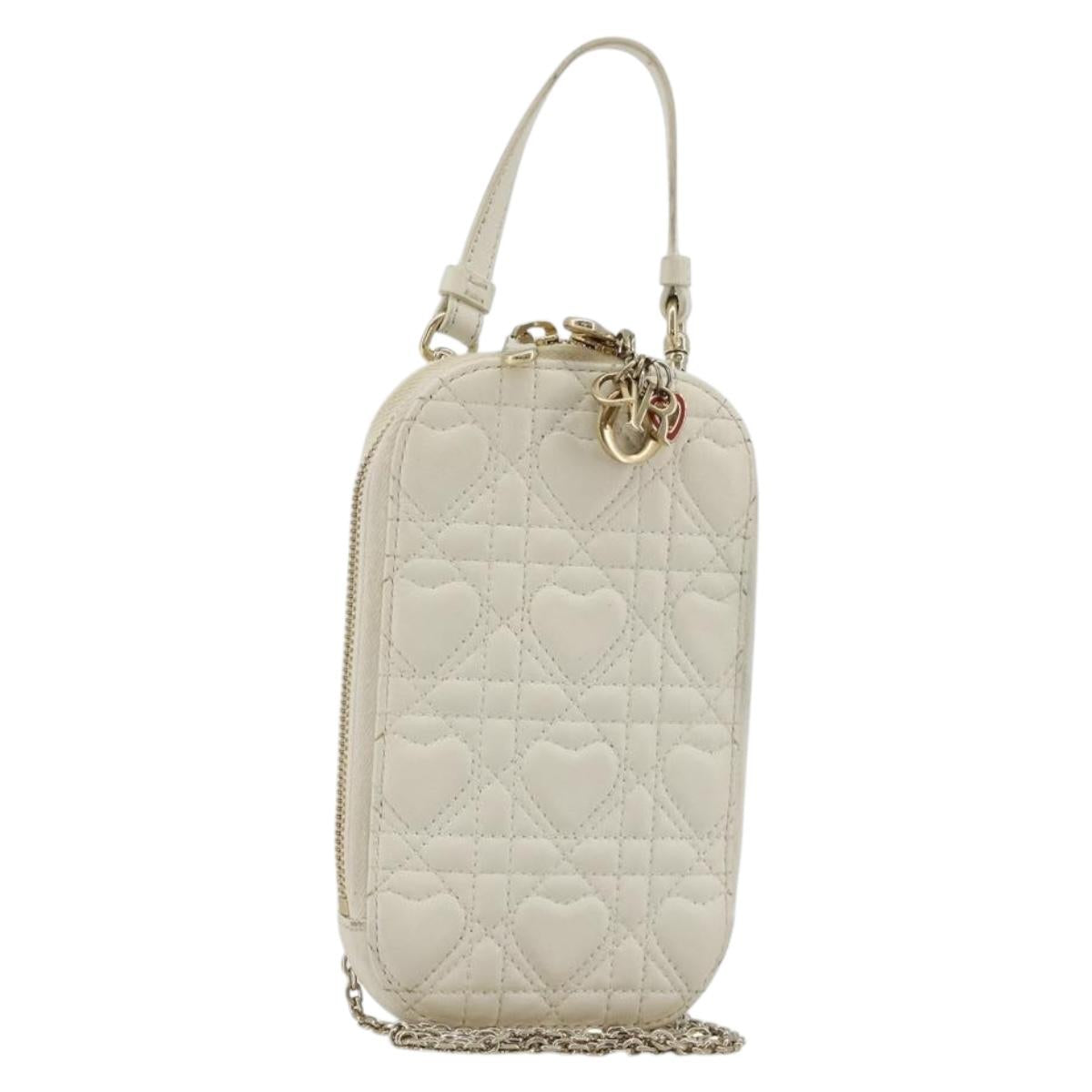 Christian Dior Heart Cannage Chain Shoulder Phone Leather White Auth 184688A