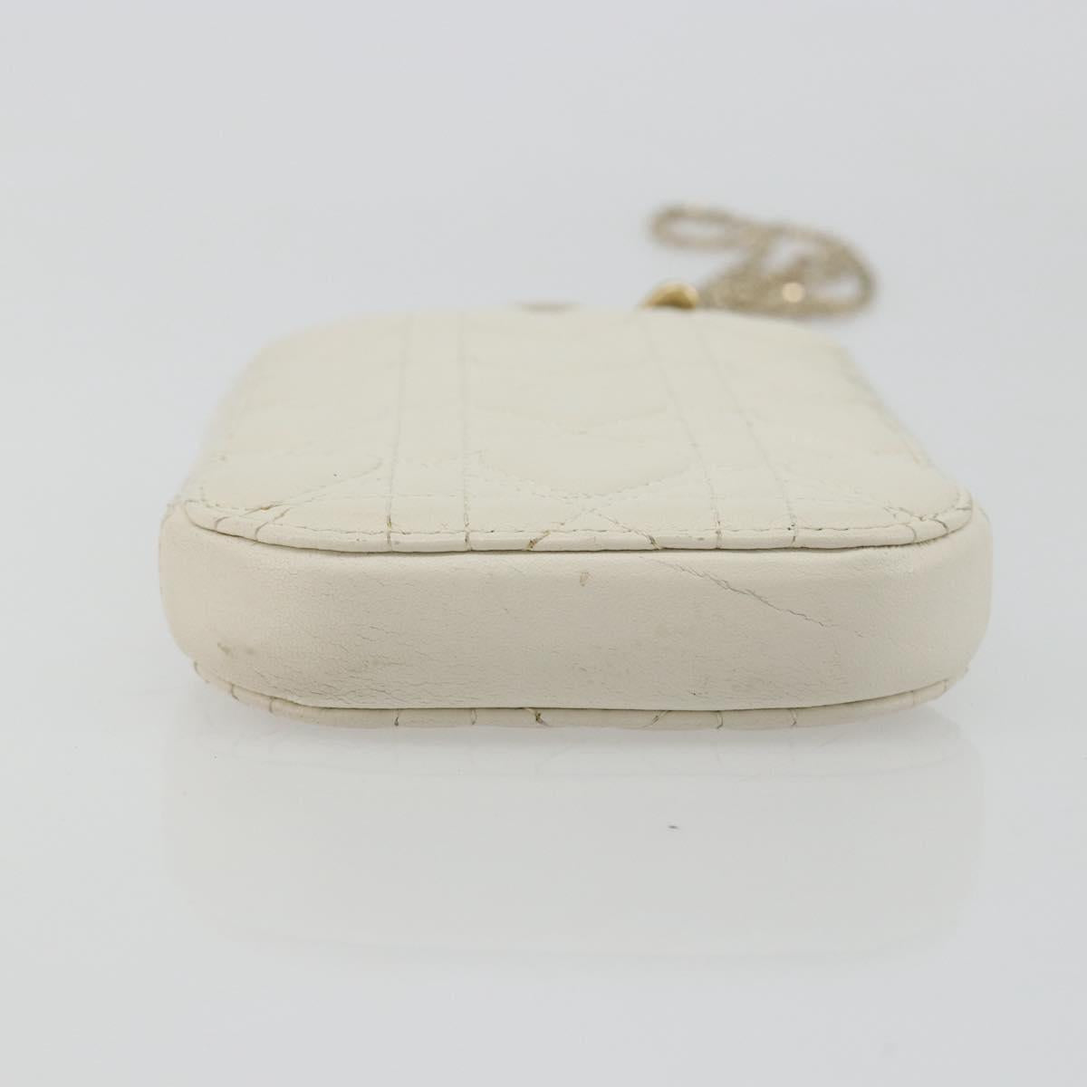 Christian Dior Heart Cannage Chain Shoulder Phone Leather White Auth 184688A