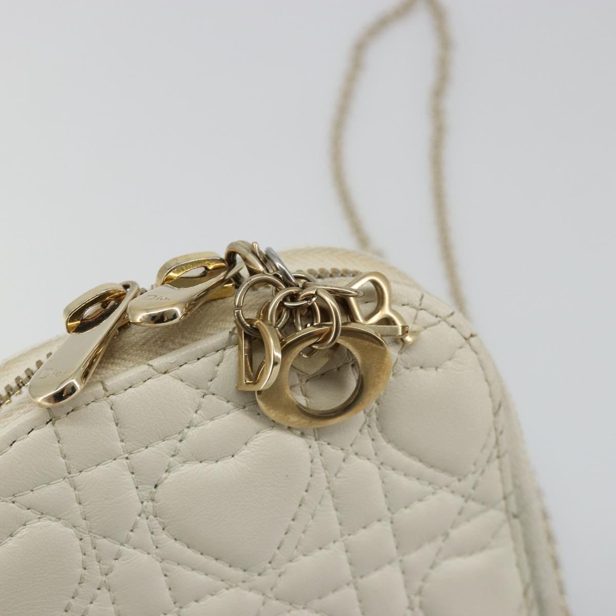 Christian Dior Heart Cannage Chain Shoulder Phone Leather White Auth 184688A