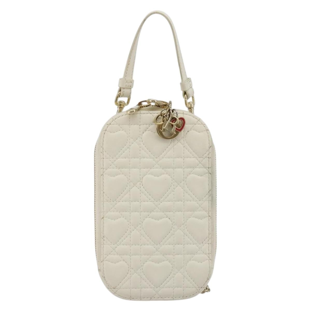 Christian Dior Heart Cannage Chain Shoulder Phone Leather White Auth 184688A
