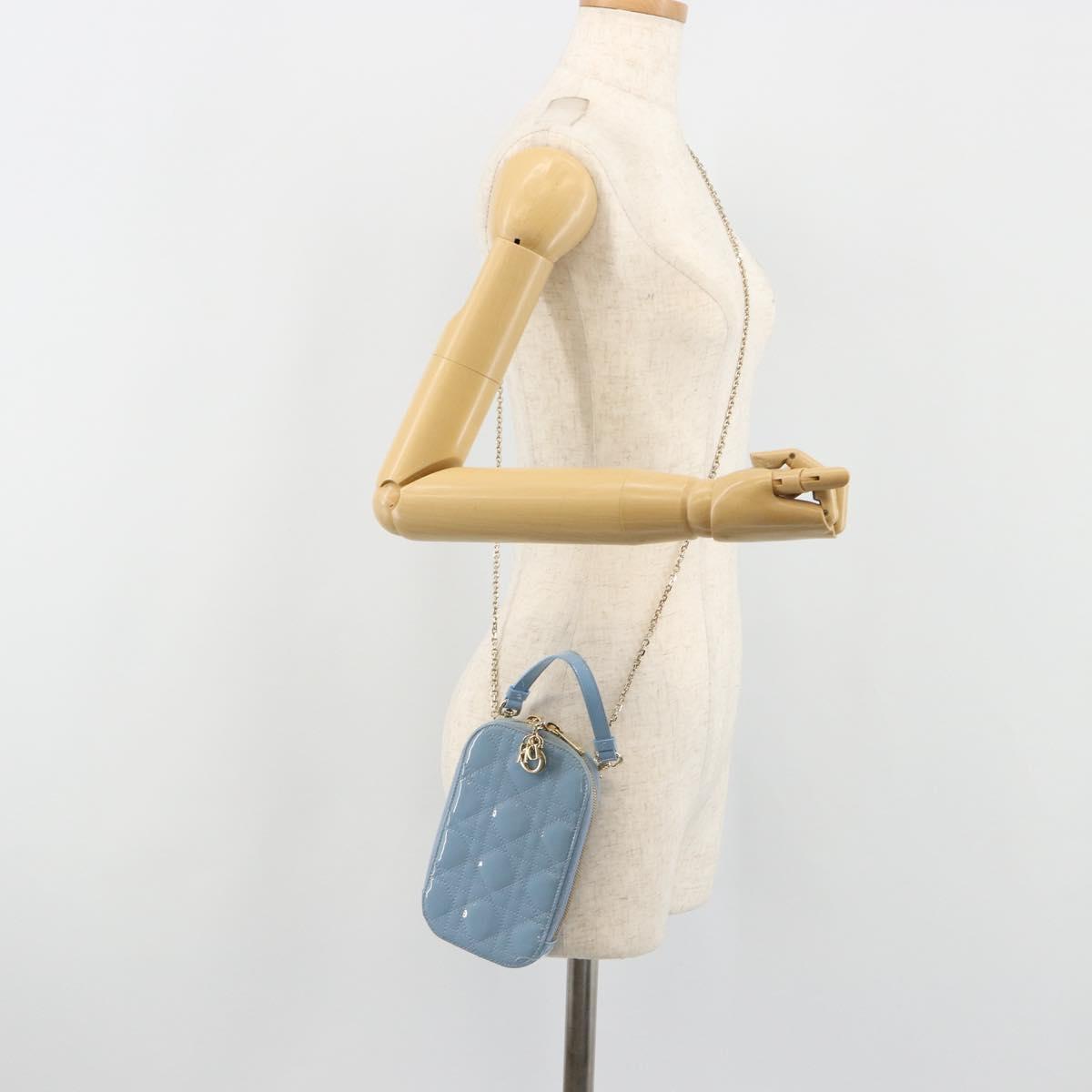 Christian Dior Cannage Phone Case Bag Patent leather Light Blue Auth 184689A
