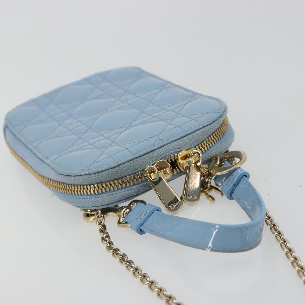 Christian Dior Cannage Phone Case Bag Patent leather Light Blue Auth 184689A