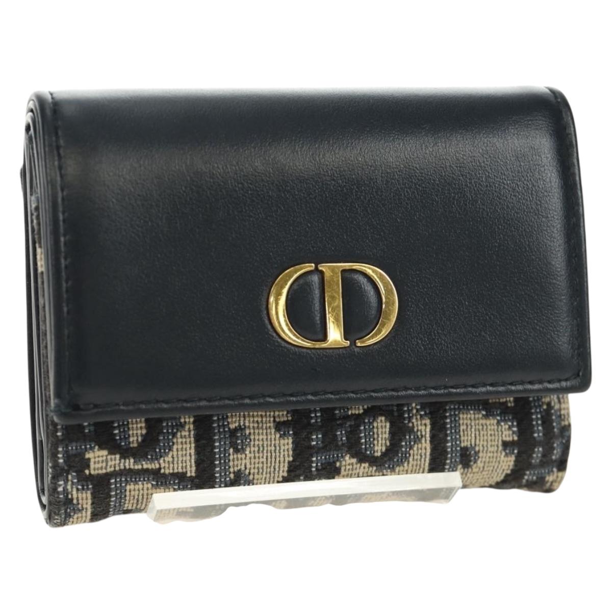 Christian Dior Trotter Canvas Card Case Navy Gold Auth 184692M