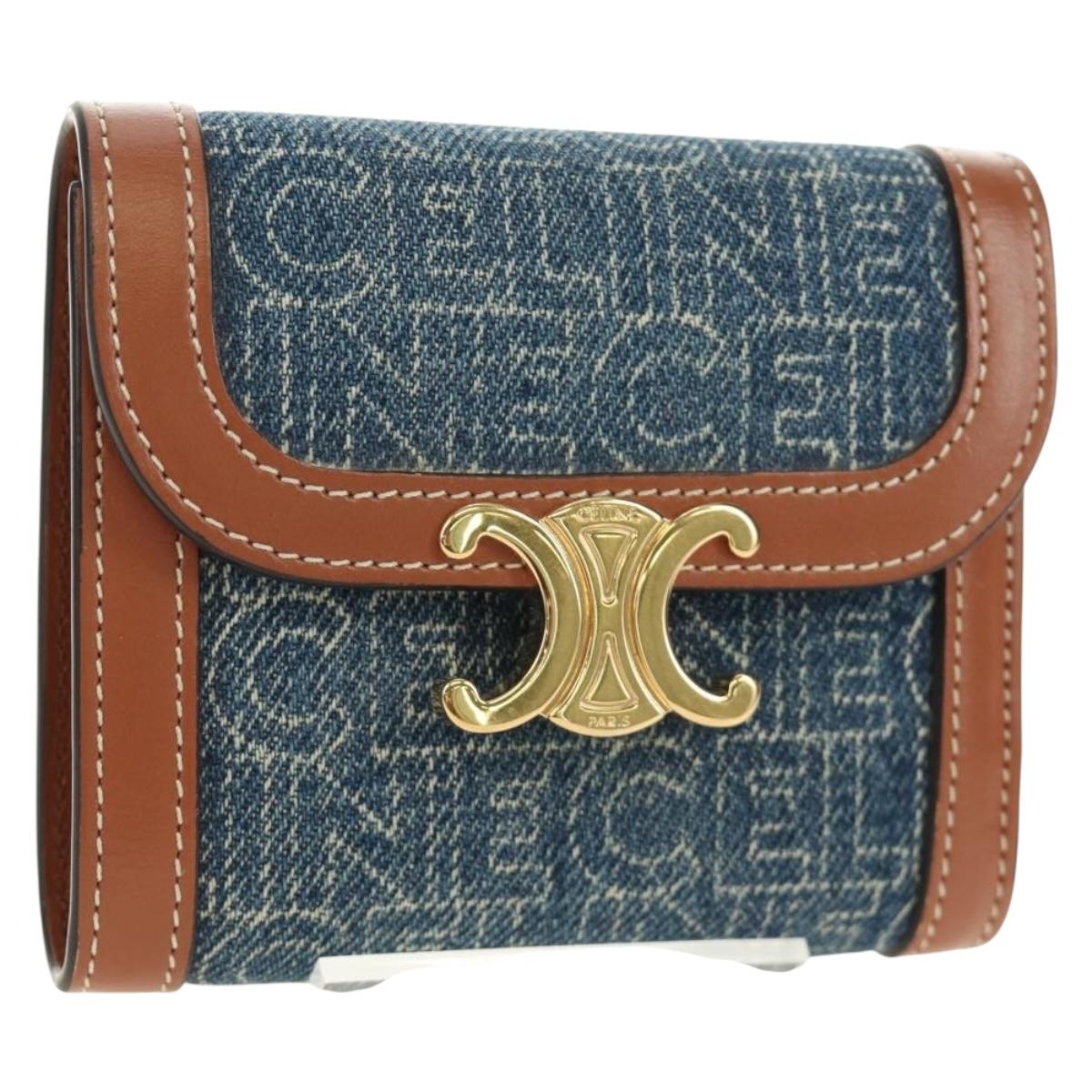 CELINE Triomphe Wallet Denim Blue Gold Auth 184693M