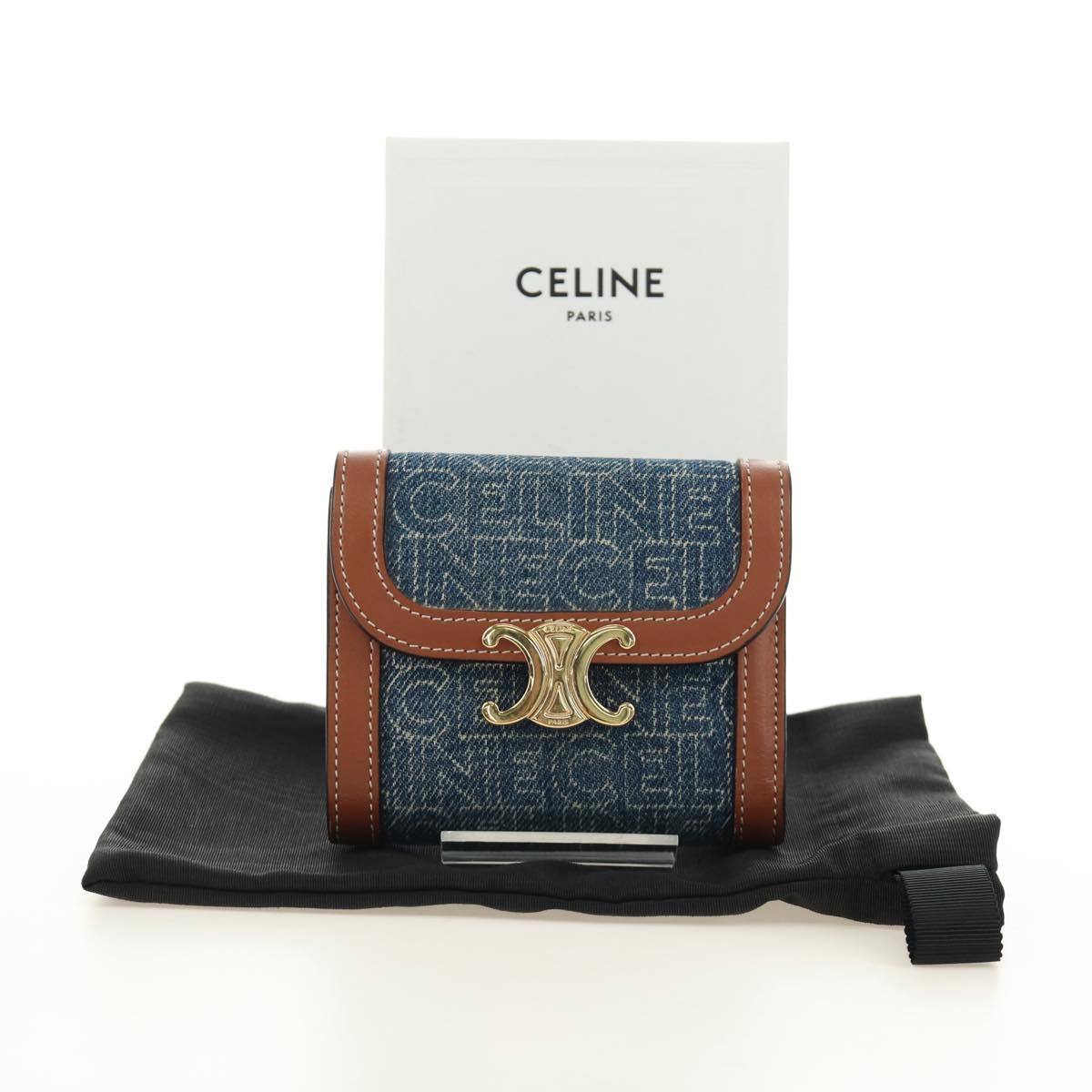 CELINE Triomphe Wallet Denim Blue Gold Auth 184693M