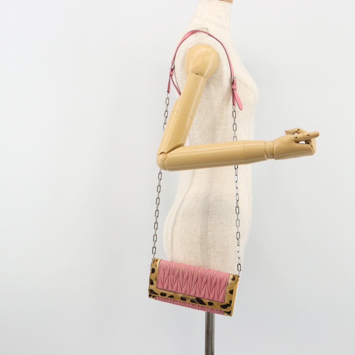 Miu Miu Matelasse Chain Shoulder Bag Leather Pink Silver Auth 184694