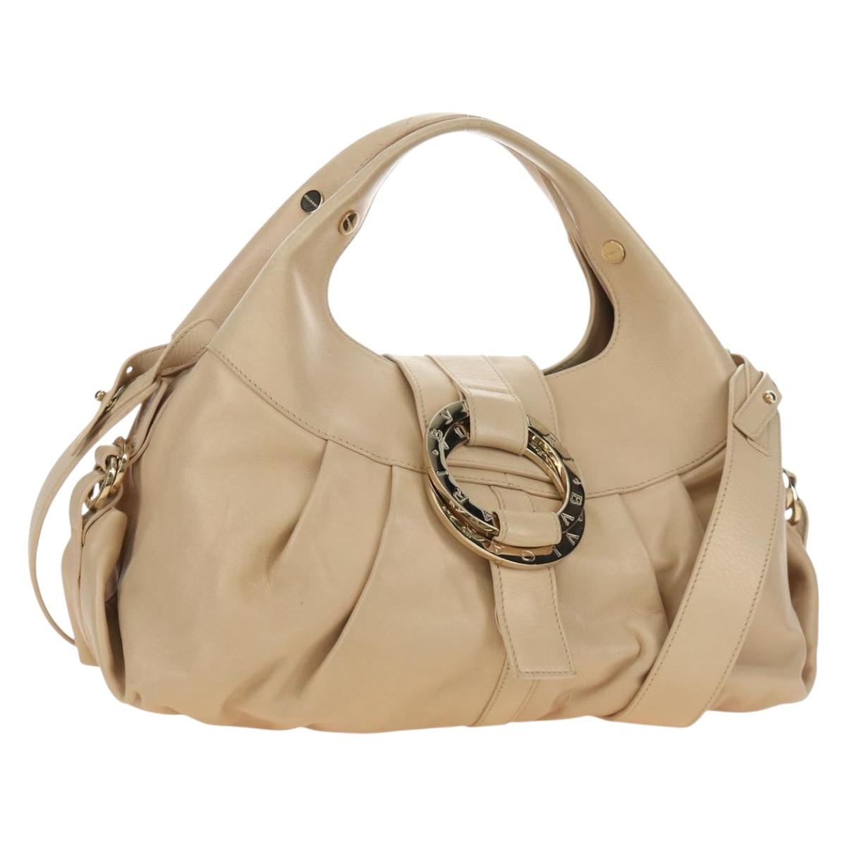 BVLGARI Chandra Hand Bag Leather 2way Beige Gold Auth 184697A