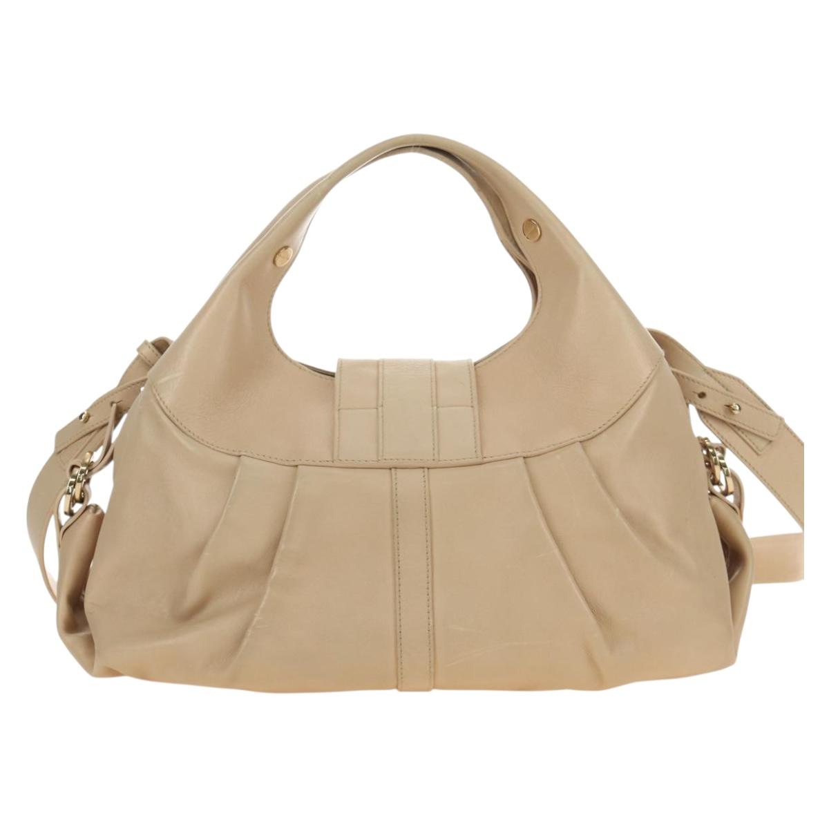 BVLGARI Chandra Hand Bag Leather 2way Beige Gold Auth 184697A