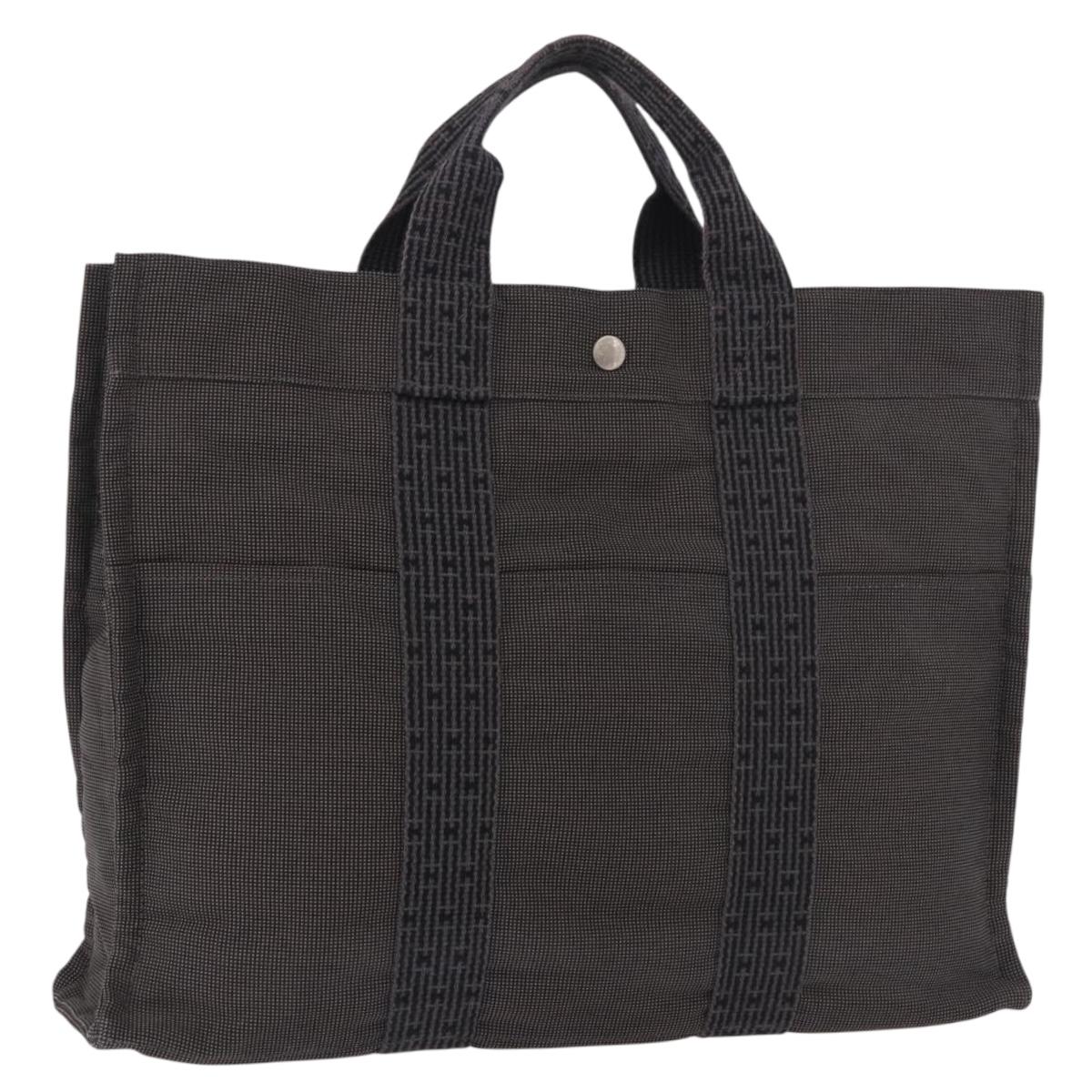 HERMES Her Line MM Hand Bag Canvas Gray Silver Auth 184699