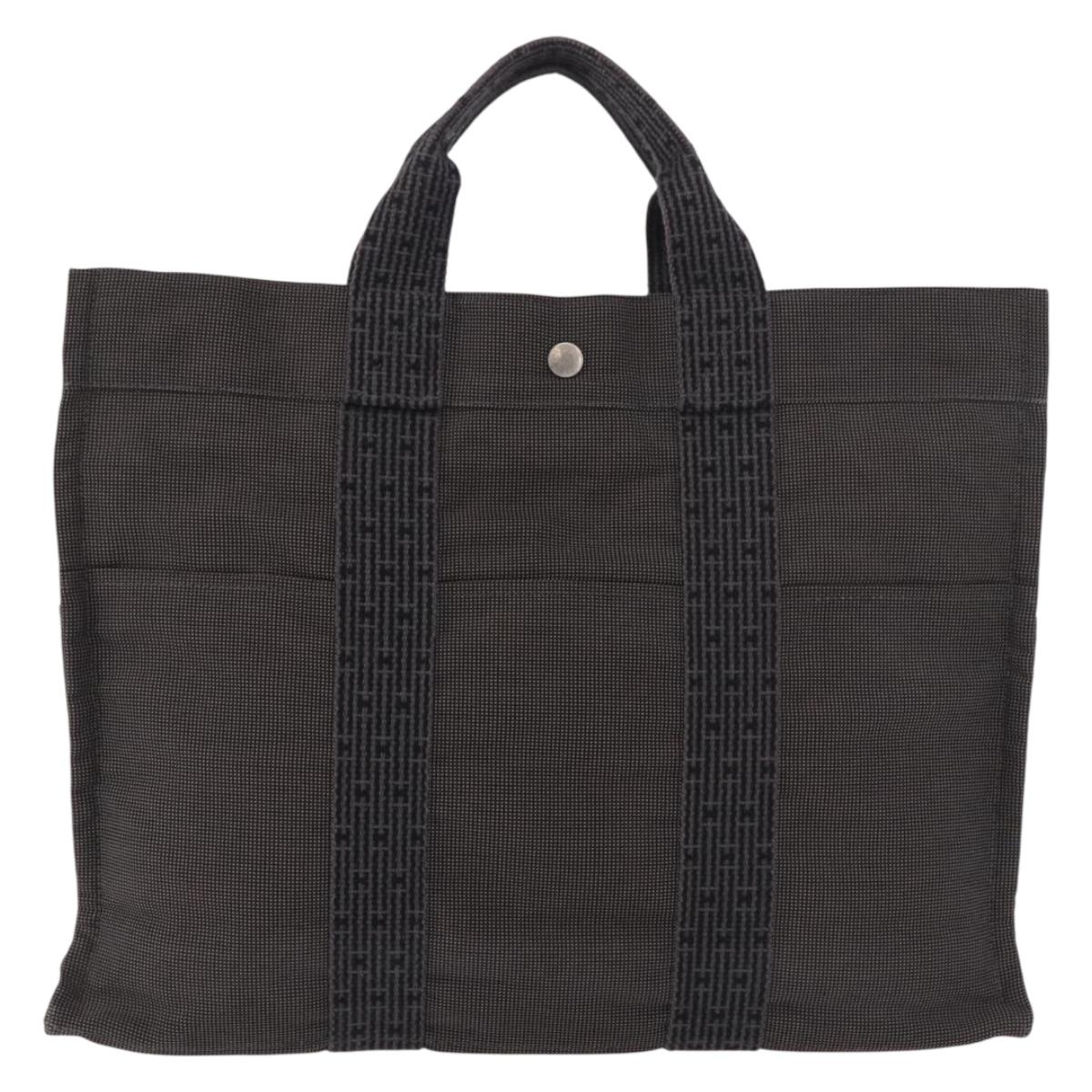 HERMES Her Line MM Hand Bag Canvas Gray Silver Auth 184699