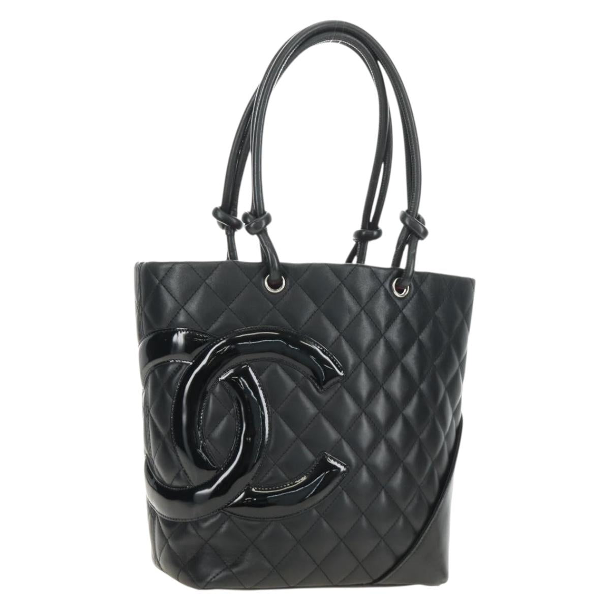 CHANEL Cambon Line Tote Bag Leather Black Silver CC Auth 184706SAV
