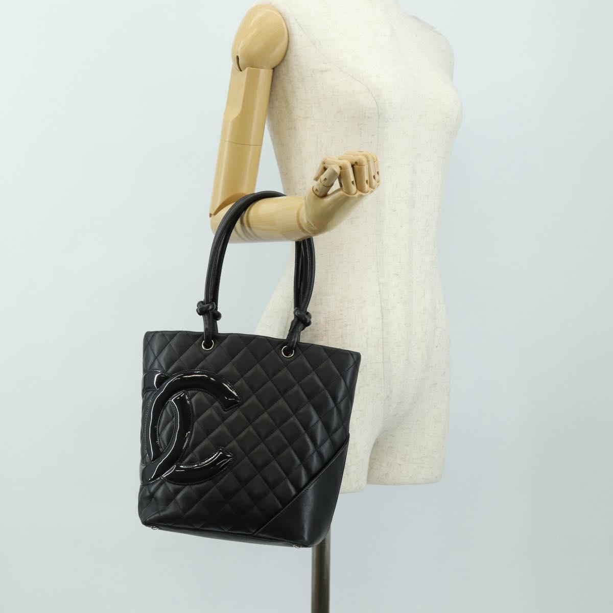 CHANEL Cambon Line Tote Bag Leather Black Silver CC Auth 184706SAV