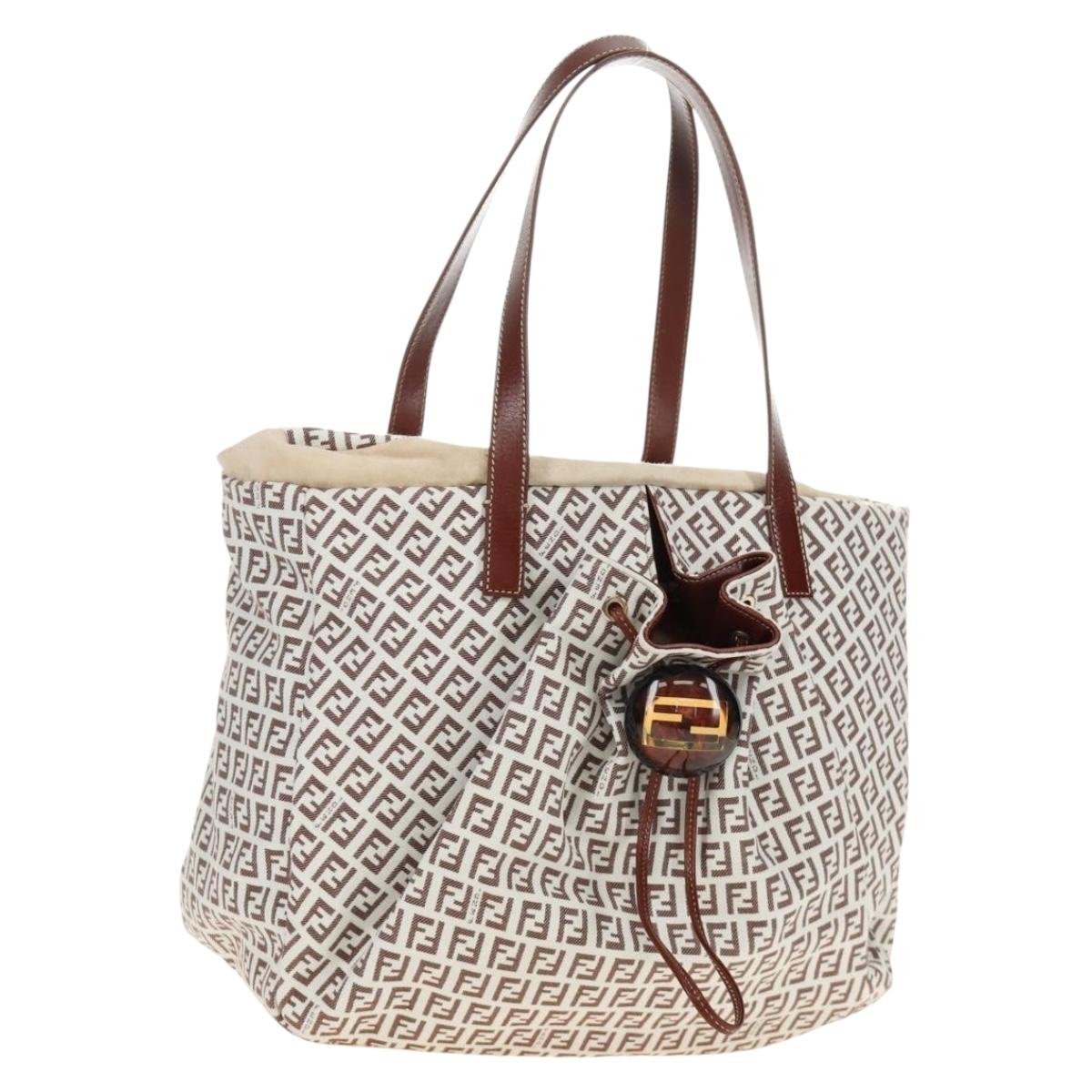 FENDI Zucchino Canvas Tote Bag White Gold Auth 184707V
