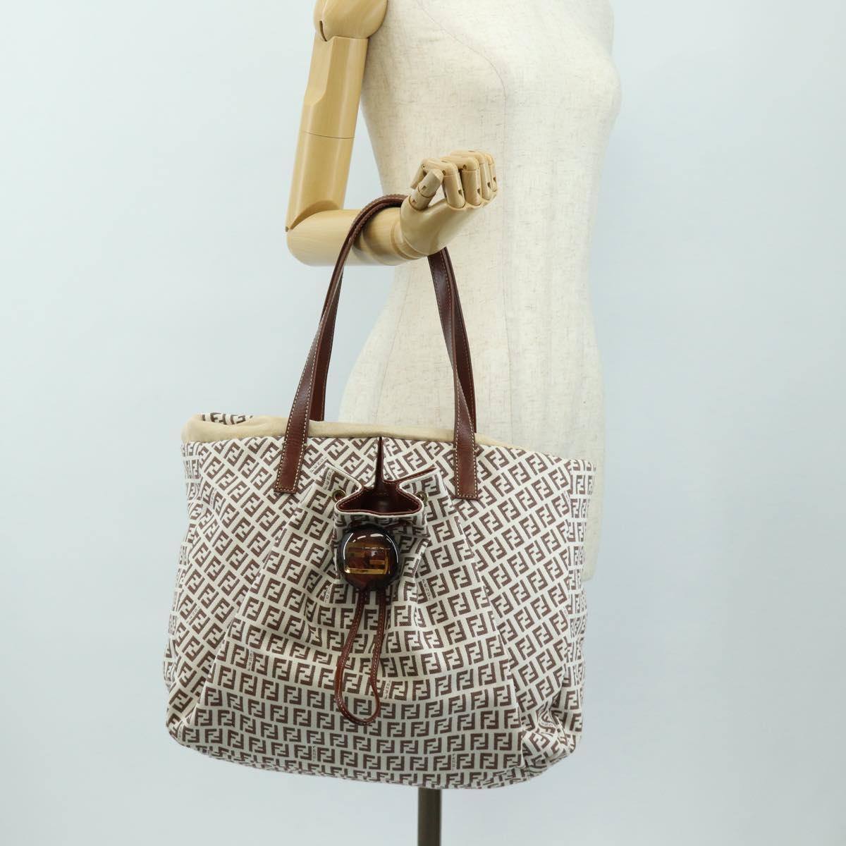 FENDI Zucchino Canvas Tote Bag White Gold Auth 184707V