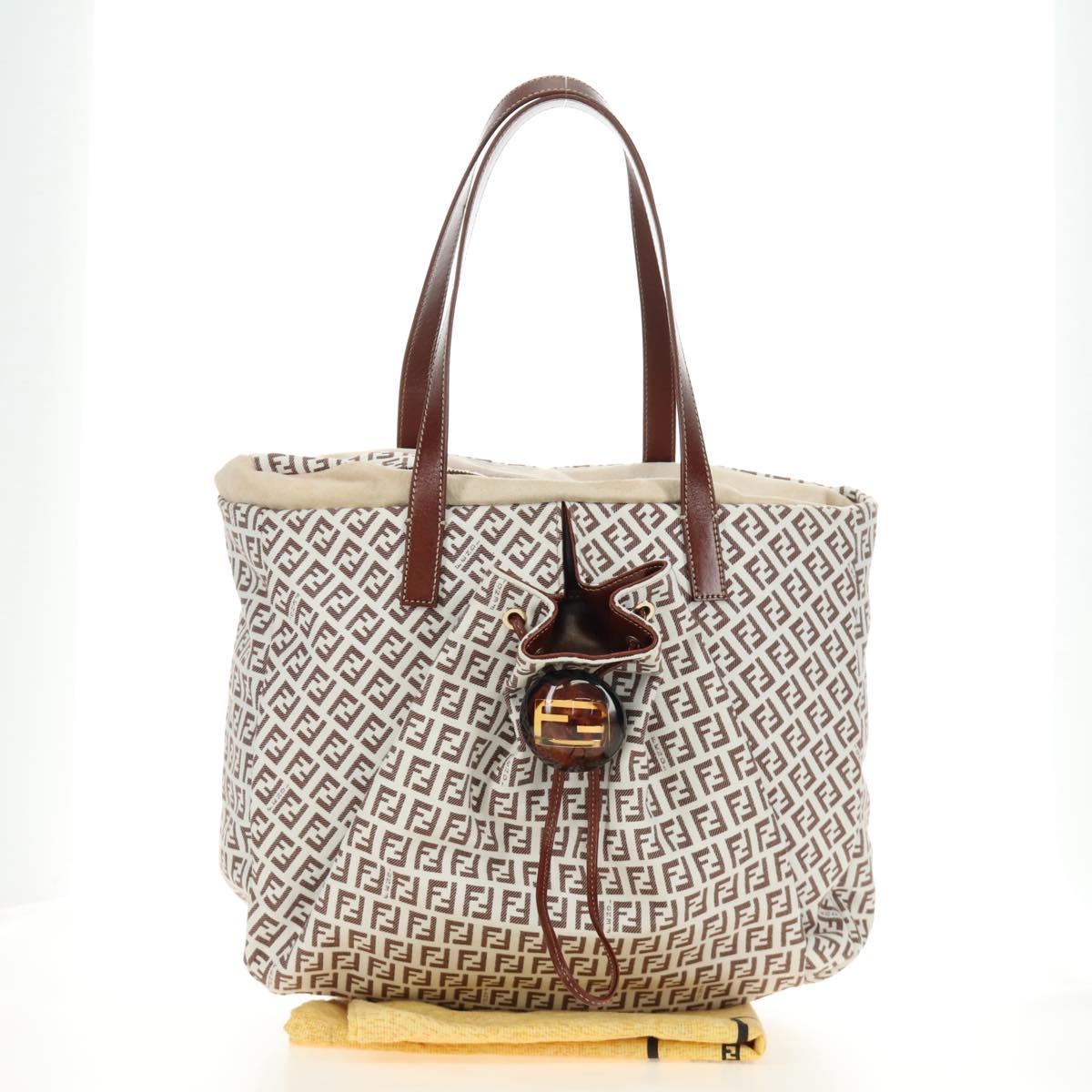 FENDI Zucchino Canvas Tote Bag White Gold Auth 184707V