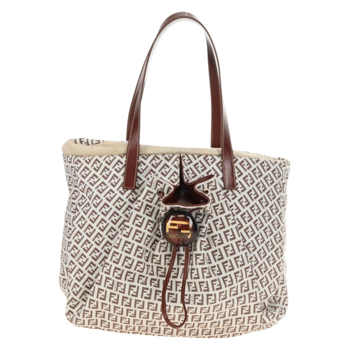 FENDI Zucchino Canvas Tote Bag White Gold Auth 184707V