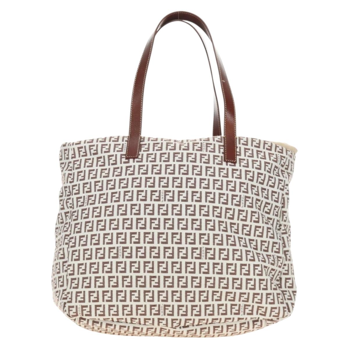 FENDI Zucchino Canvas Tote Bag White Gold Auth 184707V
