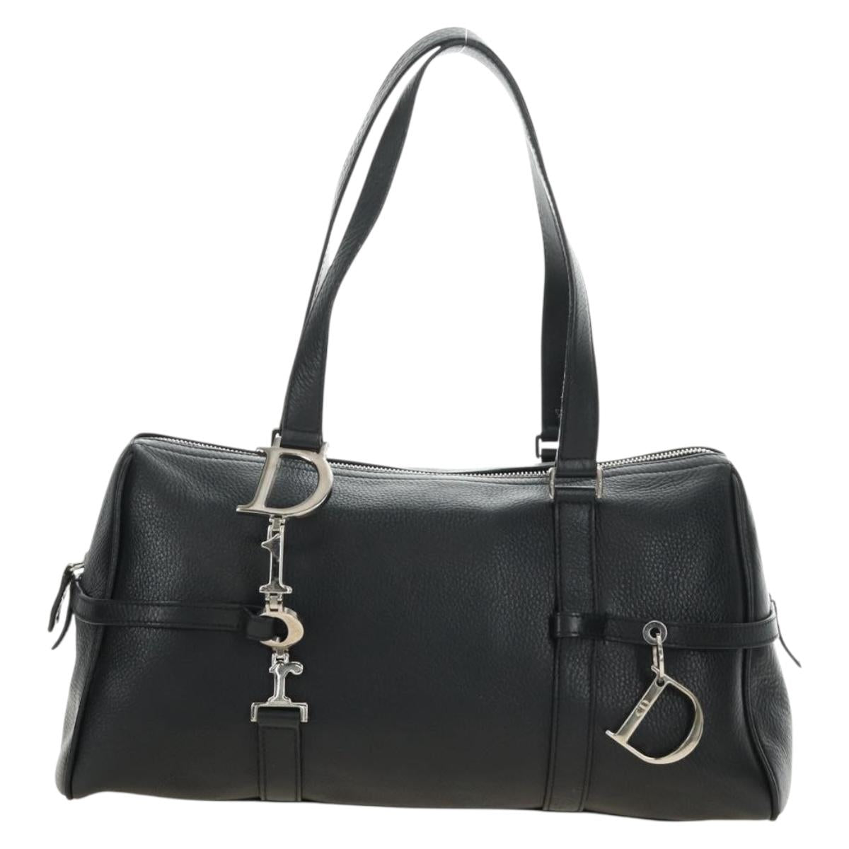 Christian Dior Boston Bag Leather Black Silver Auth 184720SAM