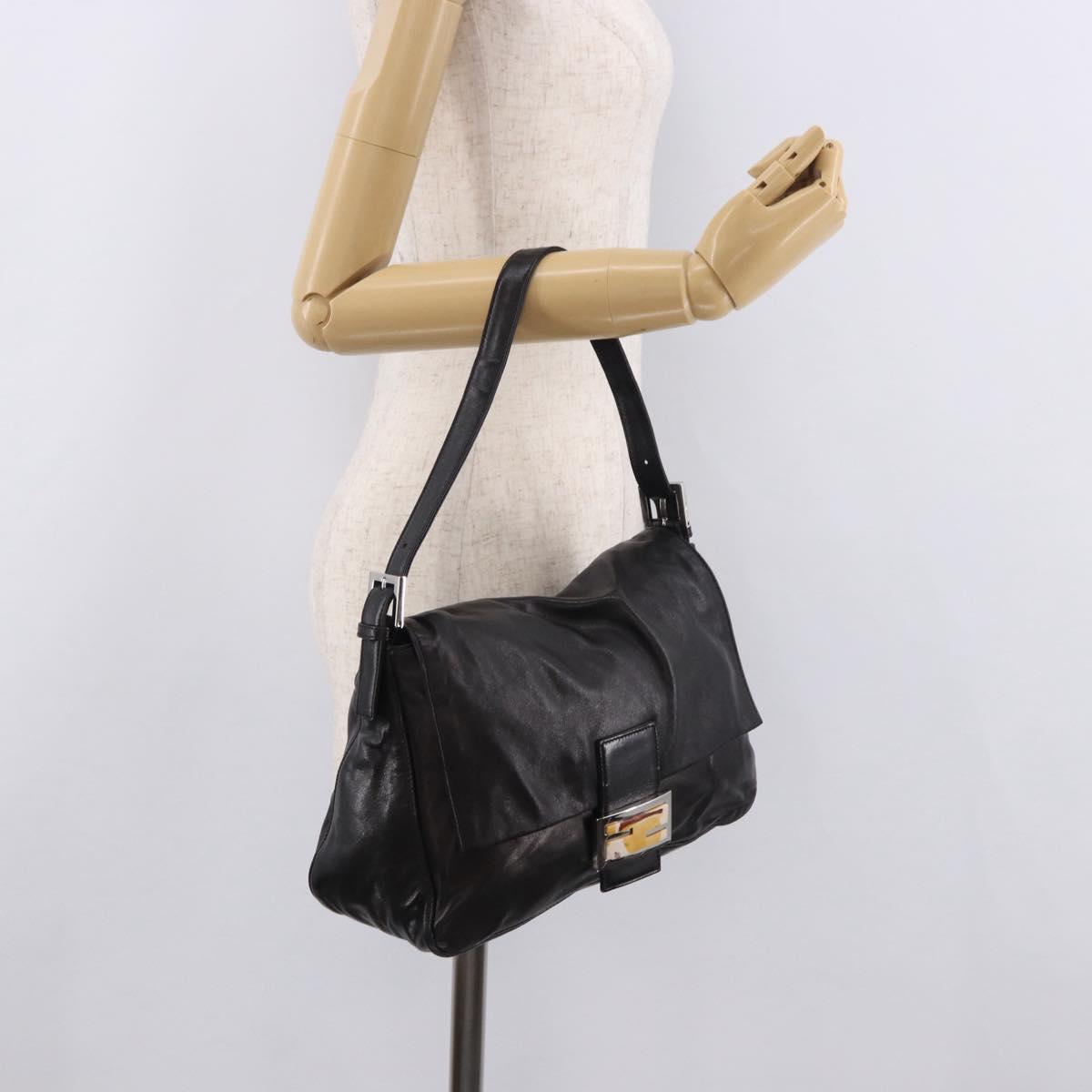 FENDI Mamma Baguette Shoulder Bag Leather Black Silver Auth 184726SAV