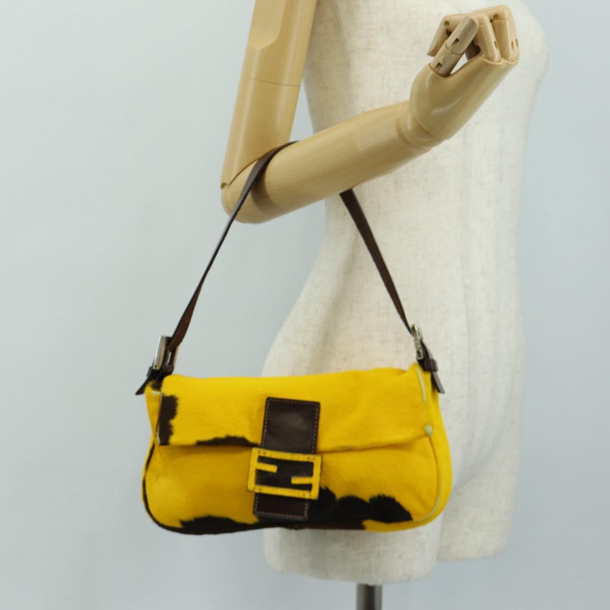FENDI Mamma Baguette Shoulder Bag Harako leather Yellow Silver Auth 184727SAV