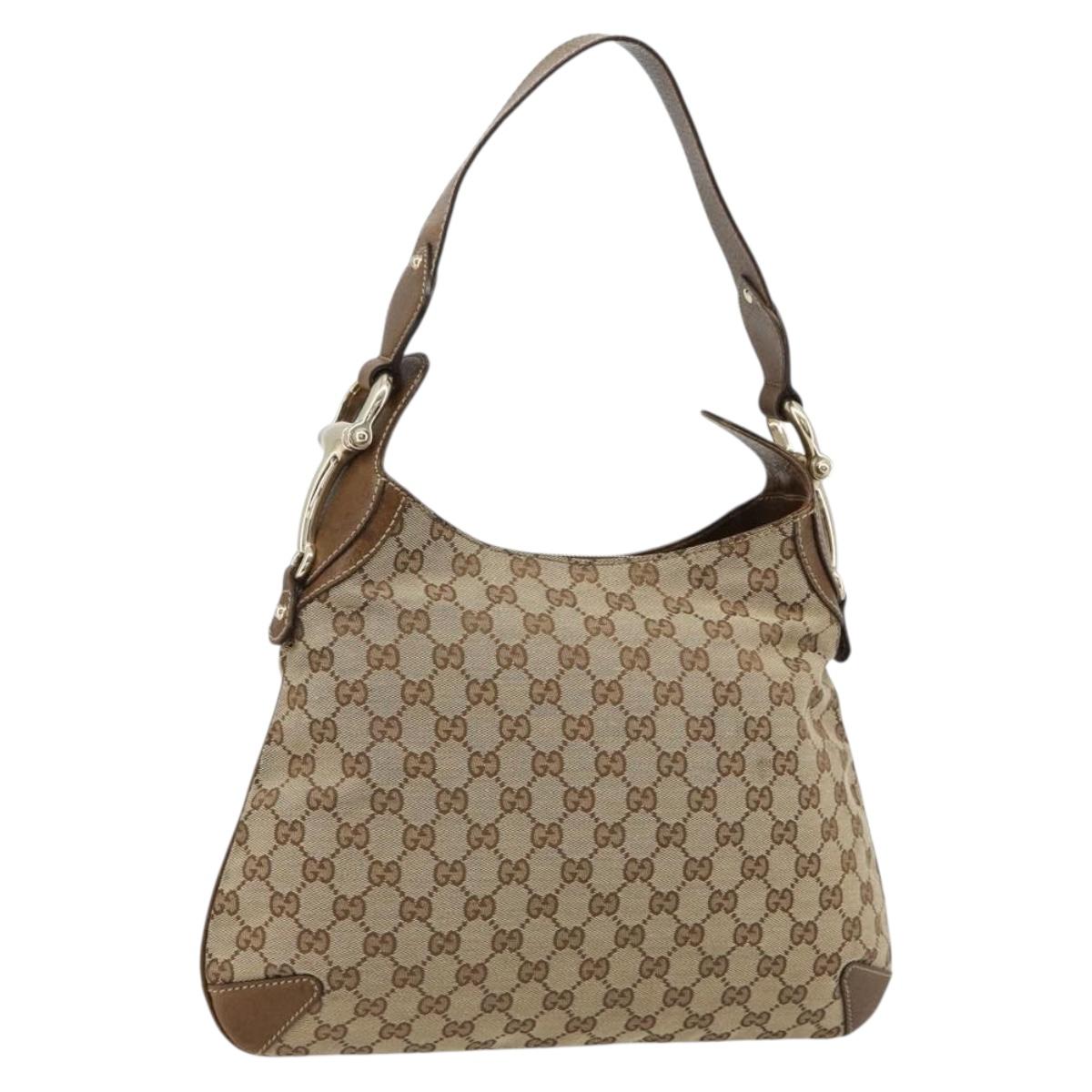 GUCCI GG Canvas Horsebit Shoulder Bag Beige Gold 145826 Auth 184733A