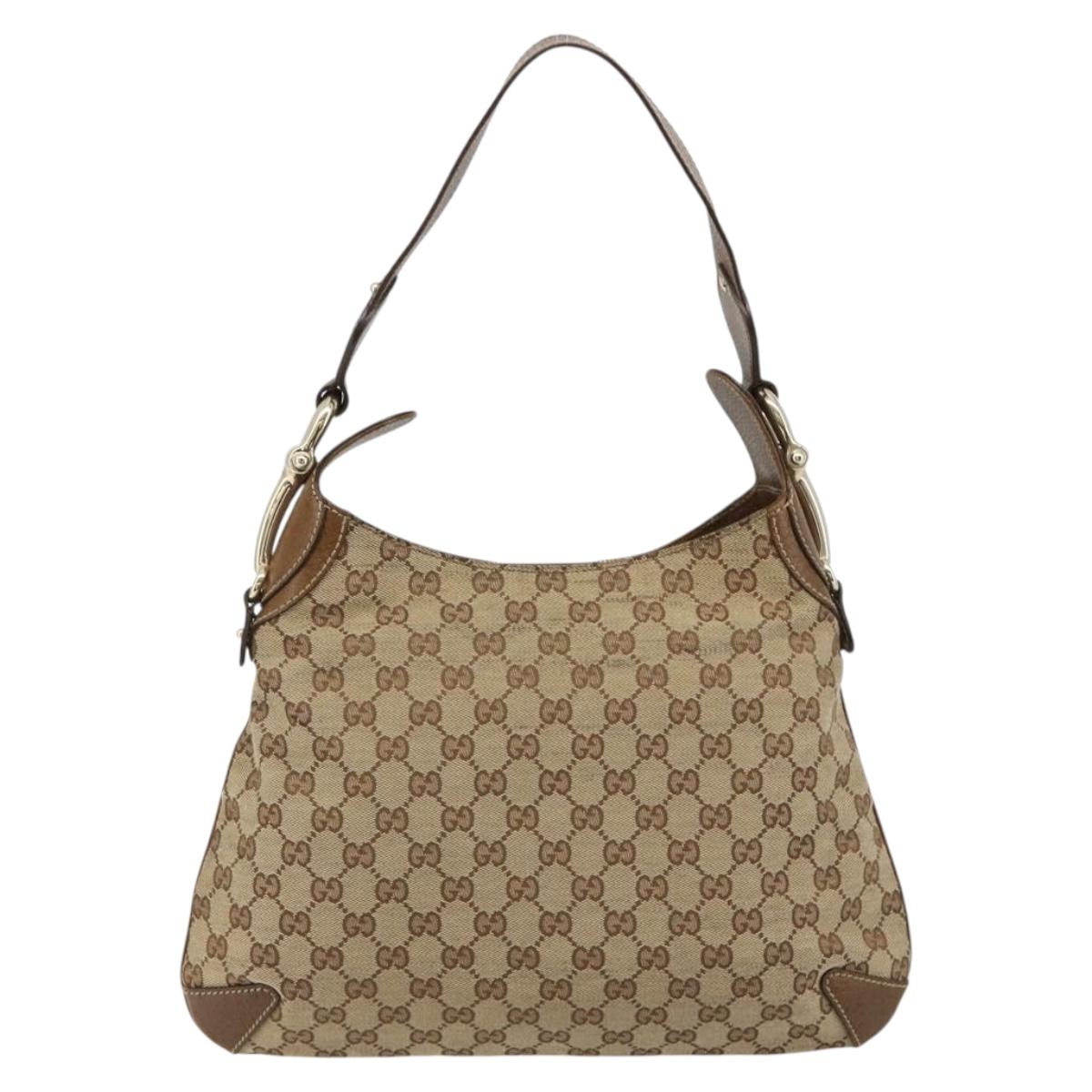 GUCCI GG Canvas Horsebit Shoulder Bag Beige Gold 145826 Auth 184733A