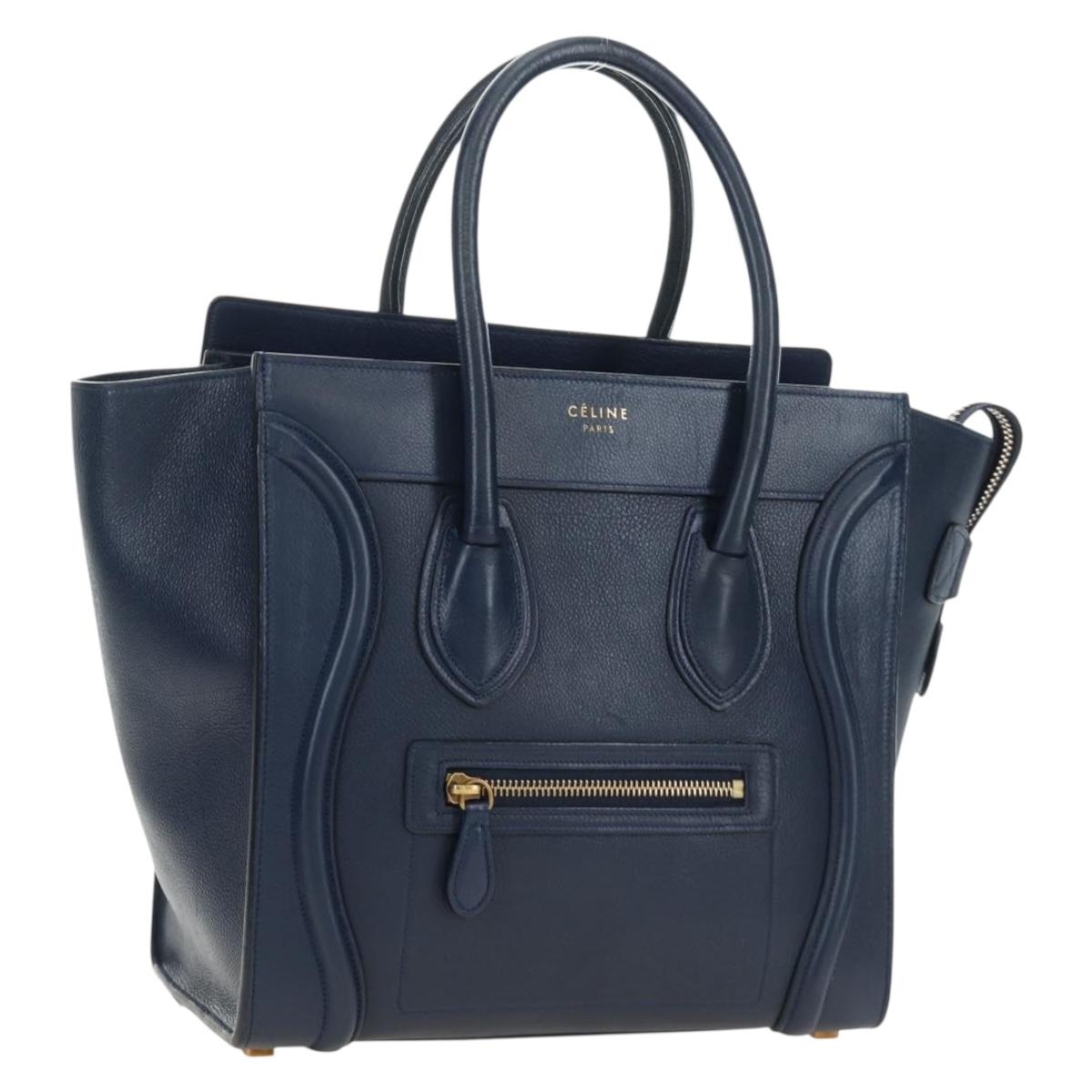 CELINE Luggage Micro Shopper Hand Bag Leather Navy Gold Auth 184734V