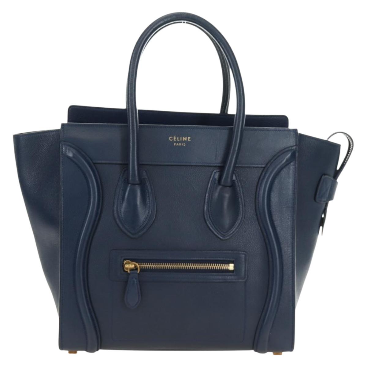 CELINE Luggage Micro Shopper Hand Bag Leather Navy Gold Auth 184734V