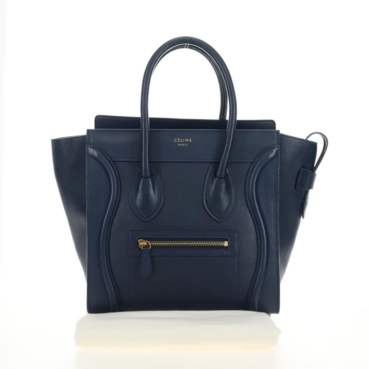 CELINE Luggage Micro Shopper Hand Bag Leather Navy Gold Auth 184734V