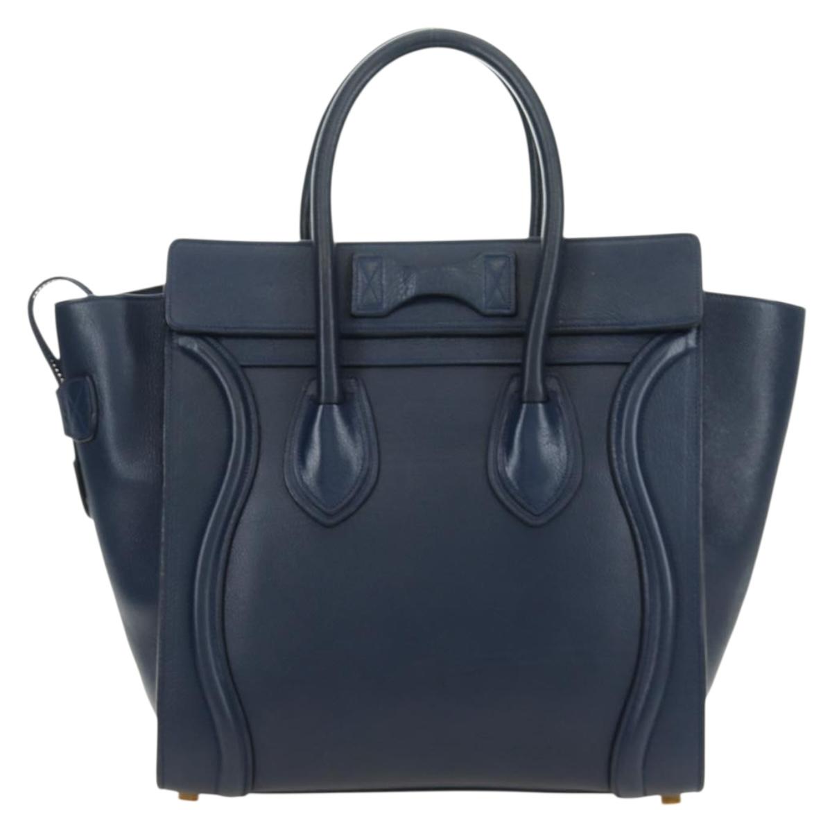 CELINE Luggage Micro Shopper Hand Bag Leather Navy Gold Auth 184734V