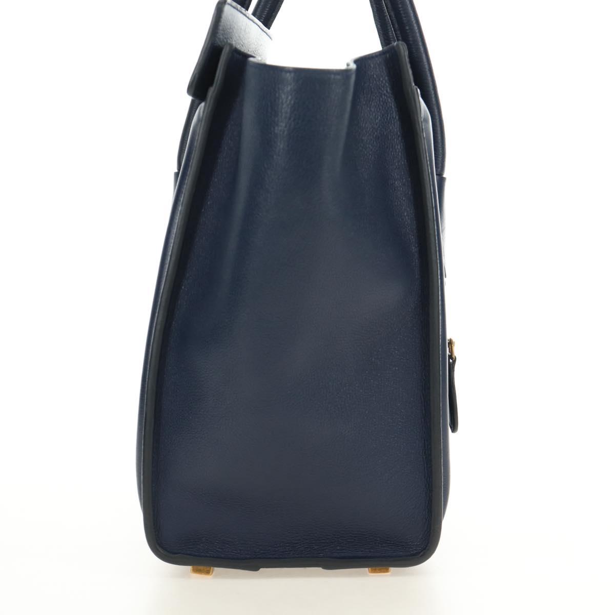 CELINE Luggage Micro Shopper Hand Bag Leather Navy Gold Auth 184734V