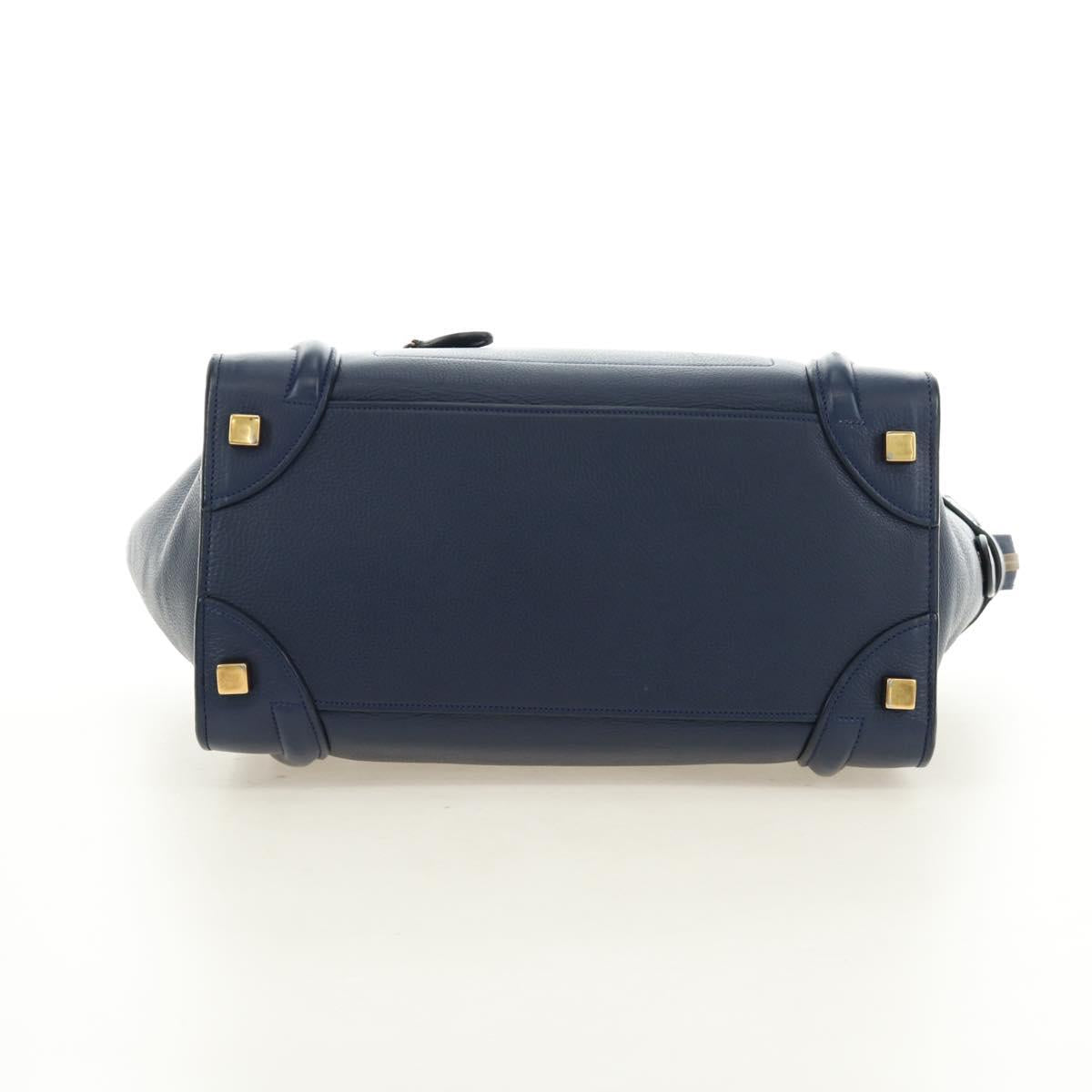 CELINE Luggage Micro Shopper Hand Bag Leather Navy Gold Auth 184734V