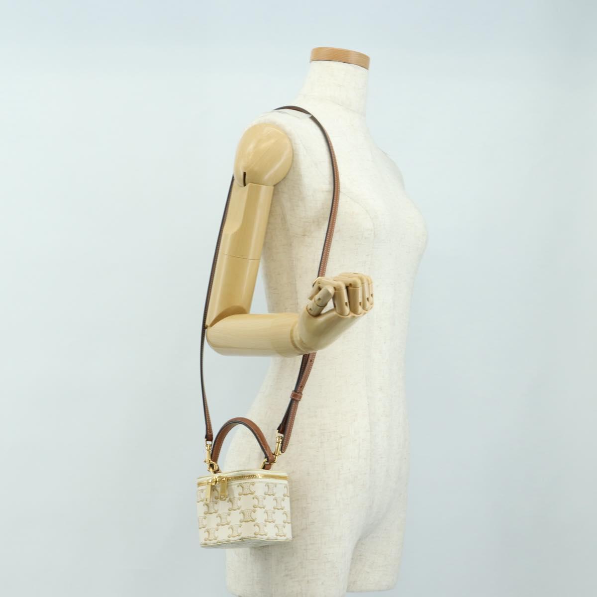 CELINE Triomphe Vanity Shoulder Bag PVC 2way White Gold Auth 184750SAM