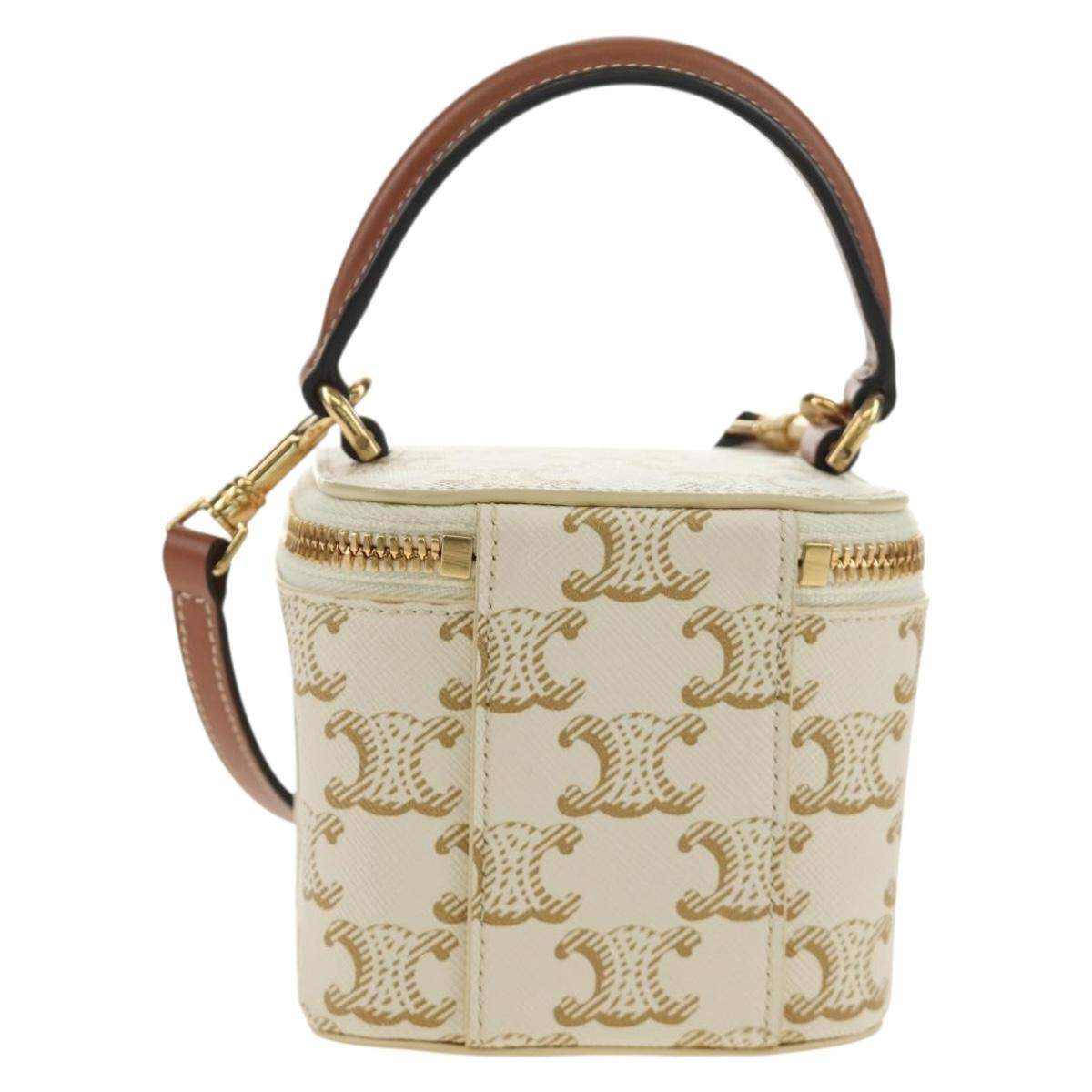 CELINE Triomphe Vanity Shoulder Bag PVC 2way White Gold Auth 184750SAM