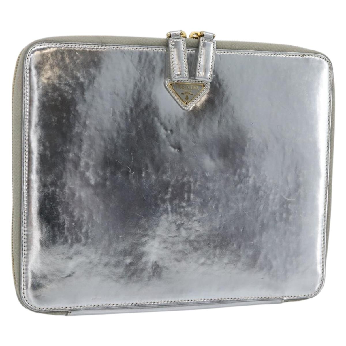 PRADA Clutch Bag Patent leather Silver Gold Auth 184773