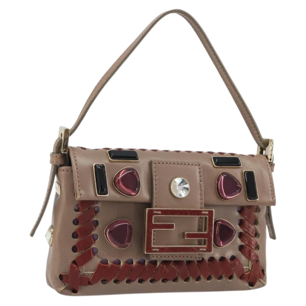 FENDI Jeweled Mini Stitch Baguette Pouch Leather Purple Gold Auth 184775A