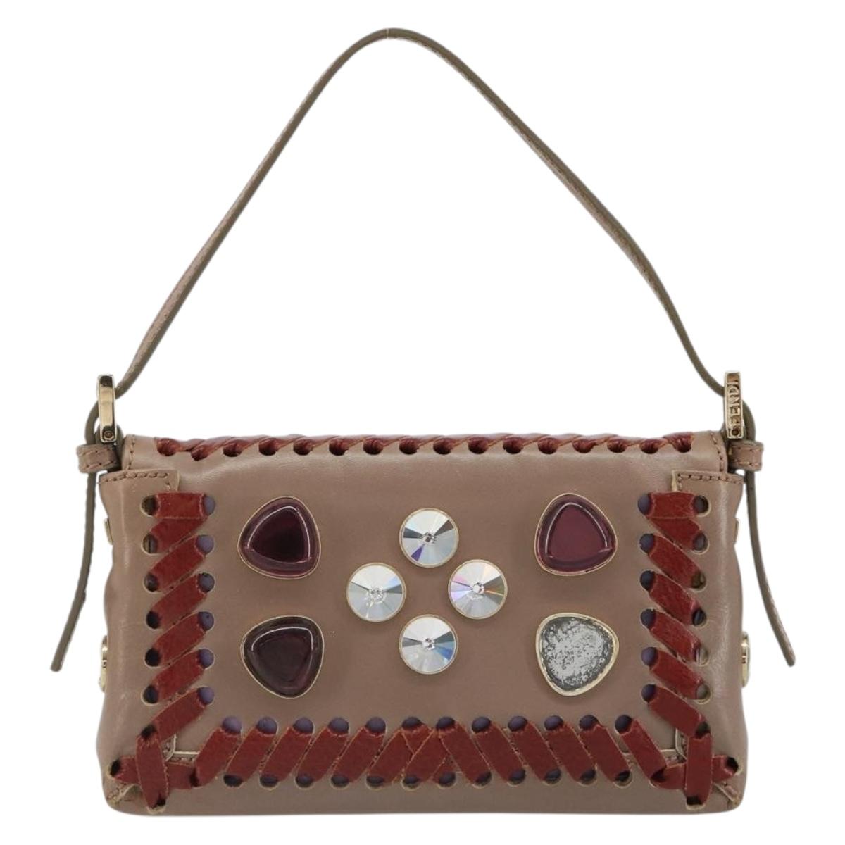 FENDI Jeweled Mini Stitch Baguette Pouch Leather Purple Gold Auth 184775A