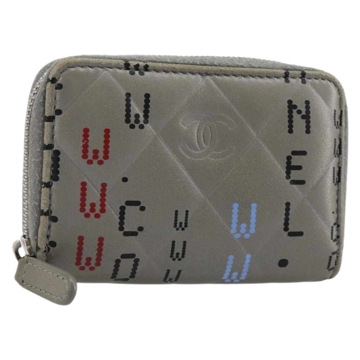 CHANEL Matelasse Typography Coin Purse Lamb Skin Gray Silver CC Auth 184786A