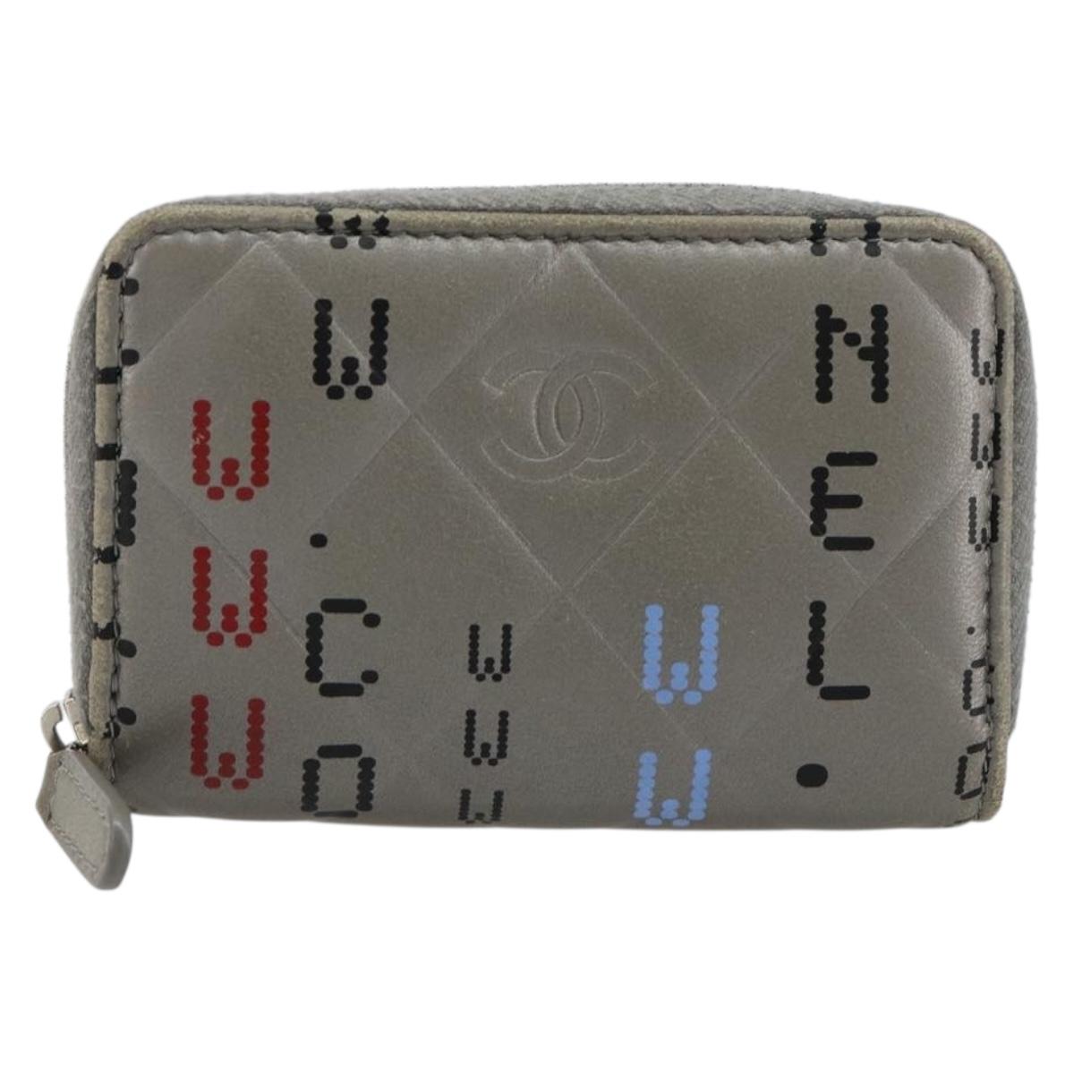 CHANEL Matelasse Typography Coin Purse Lamb Skin Gray Silver CC Auth 184786A