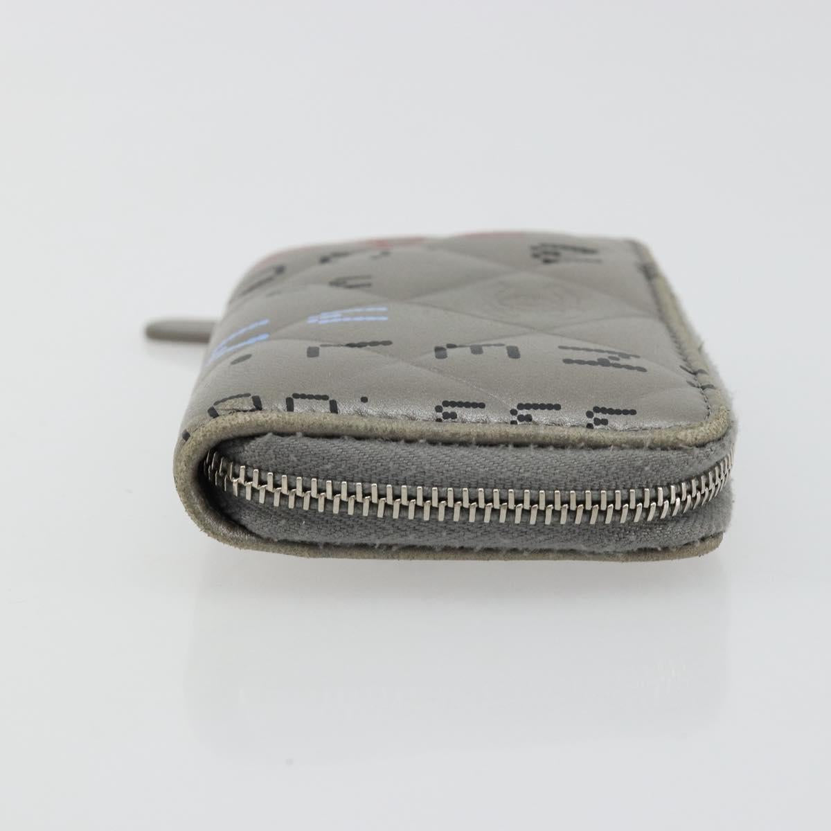 CHANEL Matelasse Typography Coin Purse Lamb Skin Gray Silver CC Auth 184786A